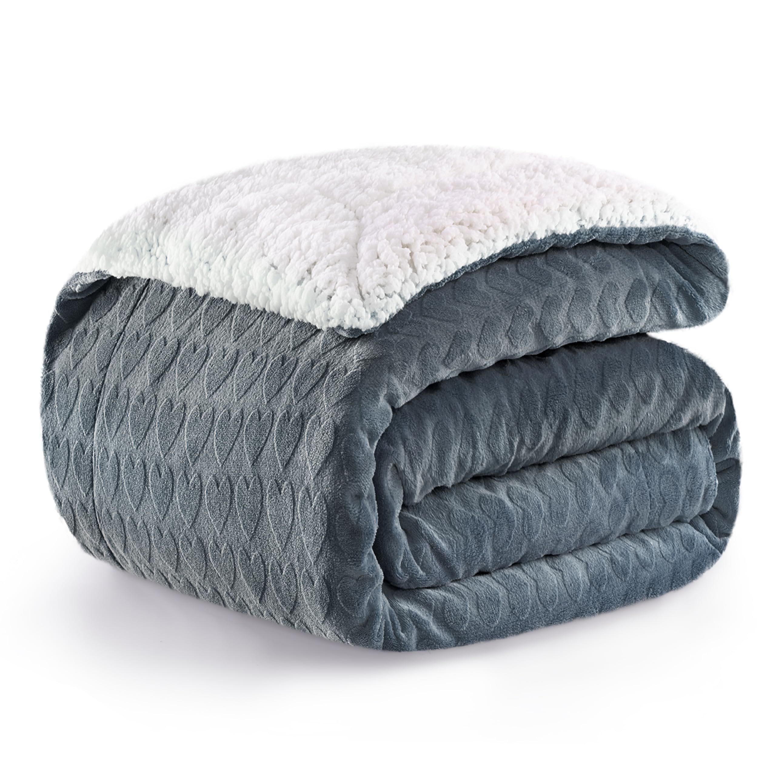 PanxHome Manta Sherpa 160x200 cm, de Terciopelo de Leche con Jacquard en Forma de Corazón, 470GSM Calientes y Cómodas, Decorativa para Silla, Sofá, Cama, Antiestática, Gris