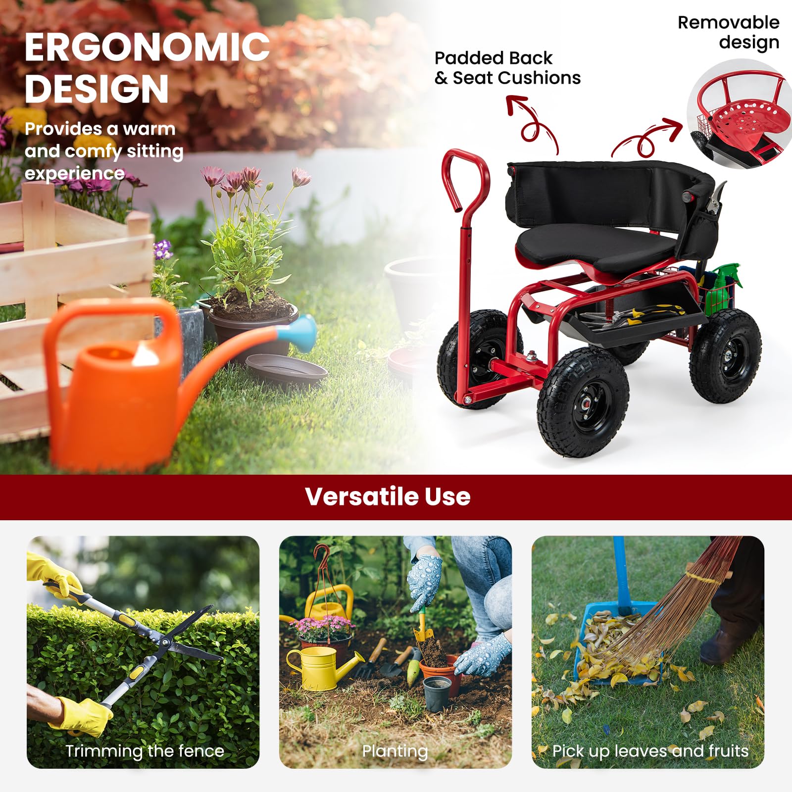 SOARS Rollsitz für Gartenarbeit, Gartensitz 360°drehbar, 60-69cm höhenverstellbar, Gartenwagen mit ausziehbarem Griff, Ablage & Korb, Arbeitssitz 135kg belastbar für Gartenarbeit & Autopflege