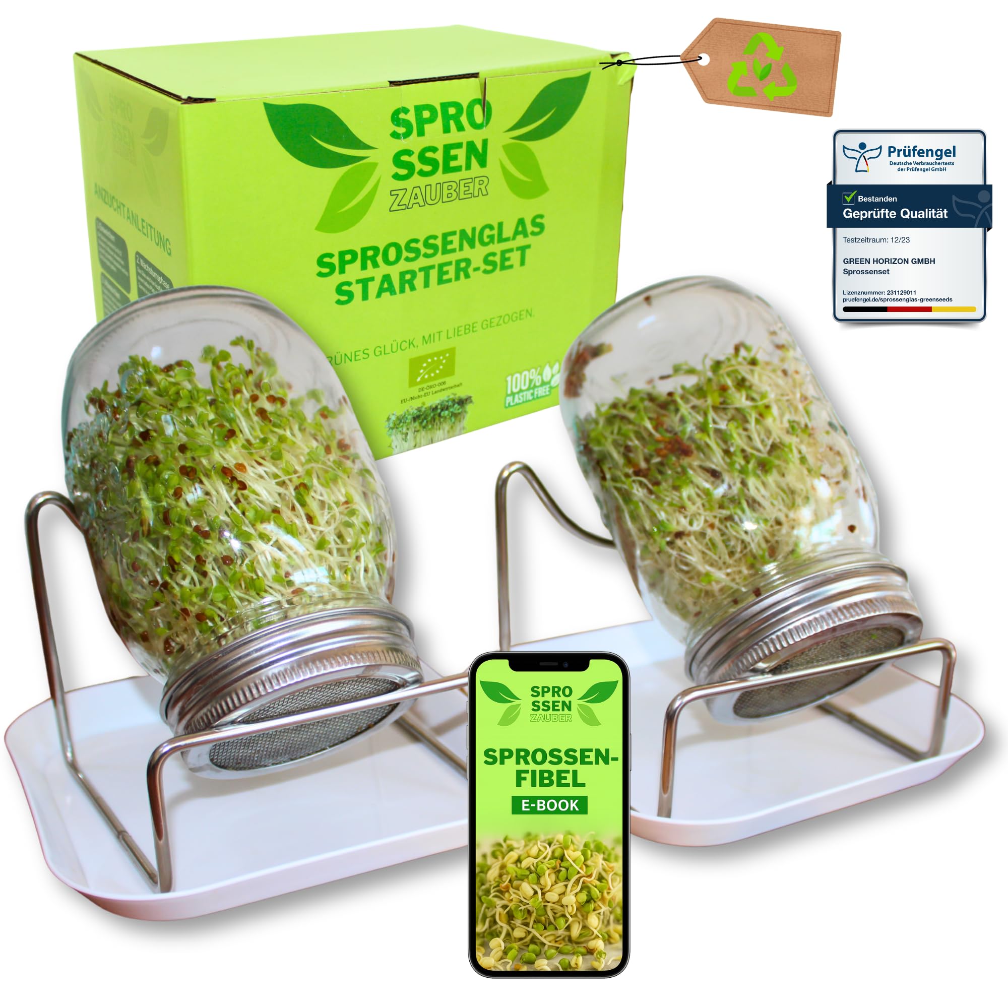 Sprossenzauber® Sprossenglas 2er Set 500ml inkl. E-Book – Edelstahl-Deckel & Auffangschale – Sprossen selber ziehen – Keimglas für Brokkoli, Alfalfa, Kresse – Einsteiger-Set für frische Microgreens