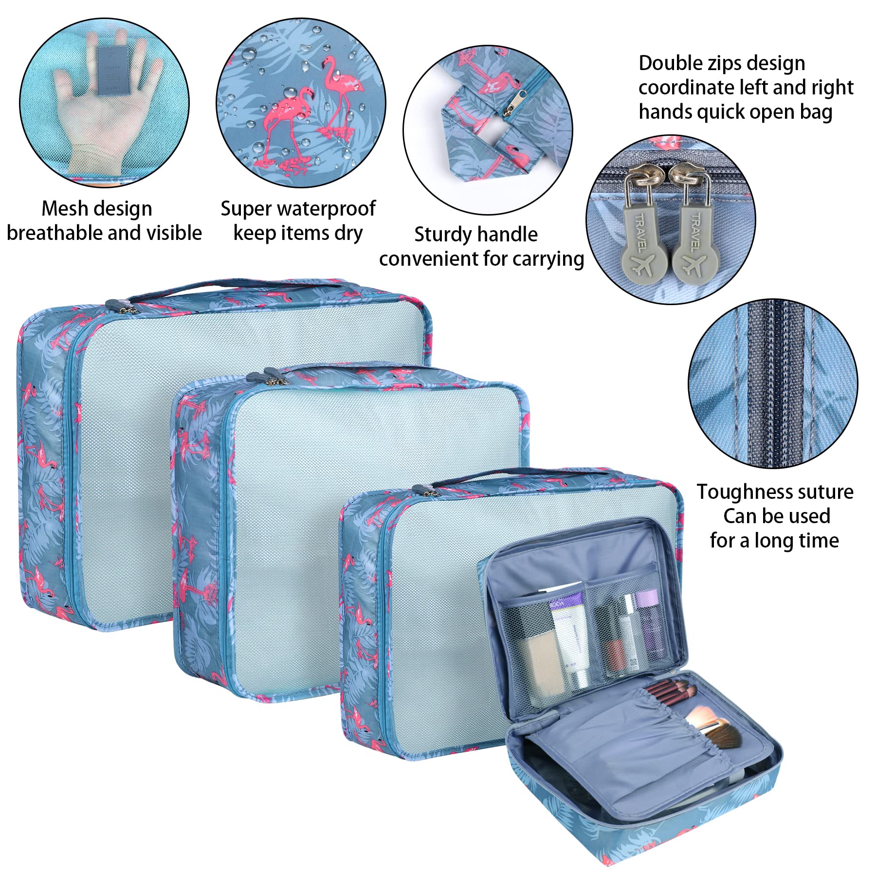 Coolzon Organizer Valigie Viaggio Set 8 Pezzi set, Cubi di Imballaggio Organizer Valigia Perfect Storage Travel Luggage Organizer per i vestiti,Cosmetici,Scarpe,Intimo,Fenicottero Blu