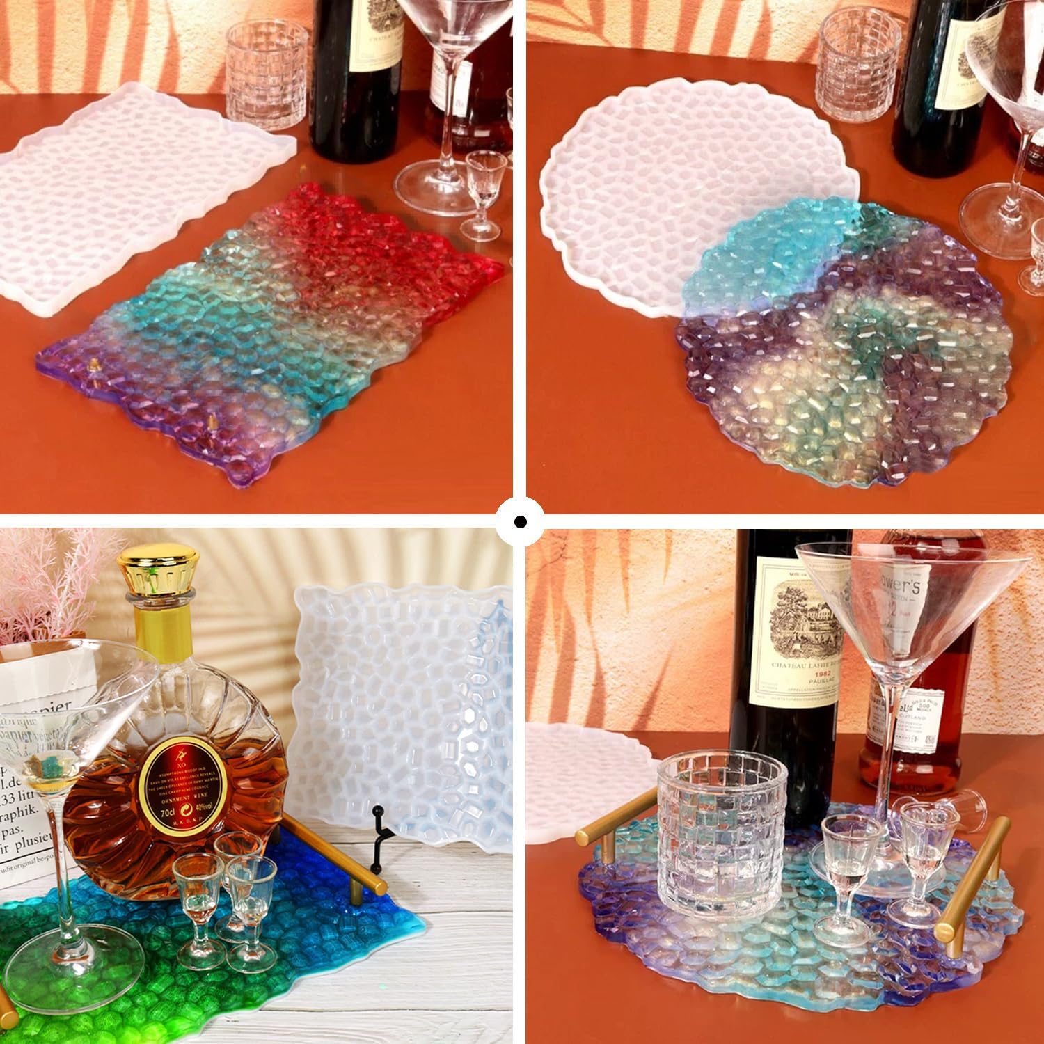 2-PCS Large Irregular Diamond Tray Molds Set - Rectangle & Round Silicone Molds for Resin Art, DIY Crafts, Crafting Trays