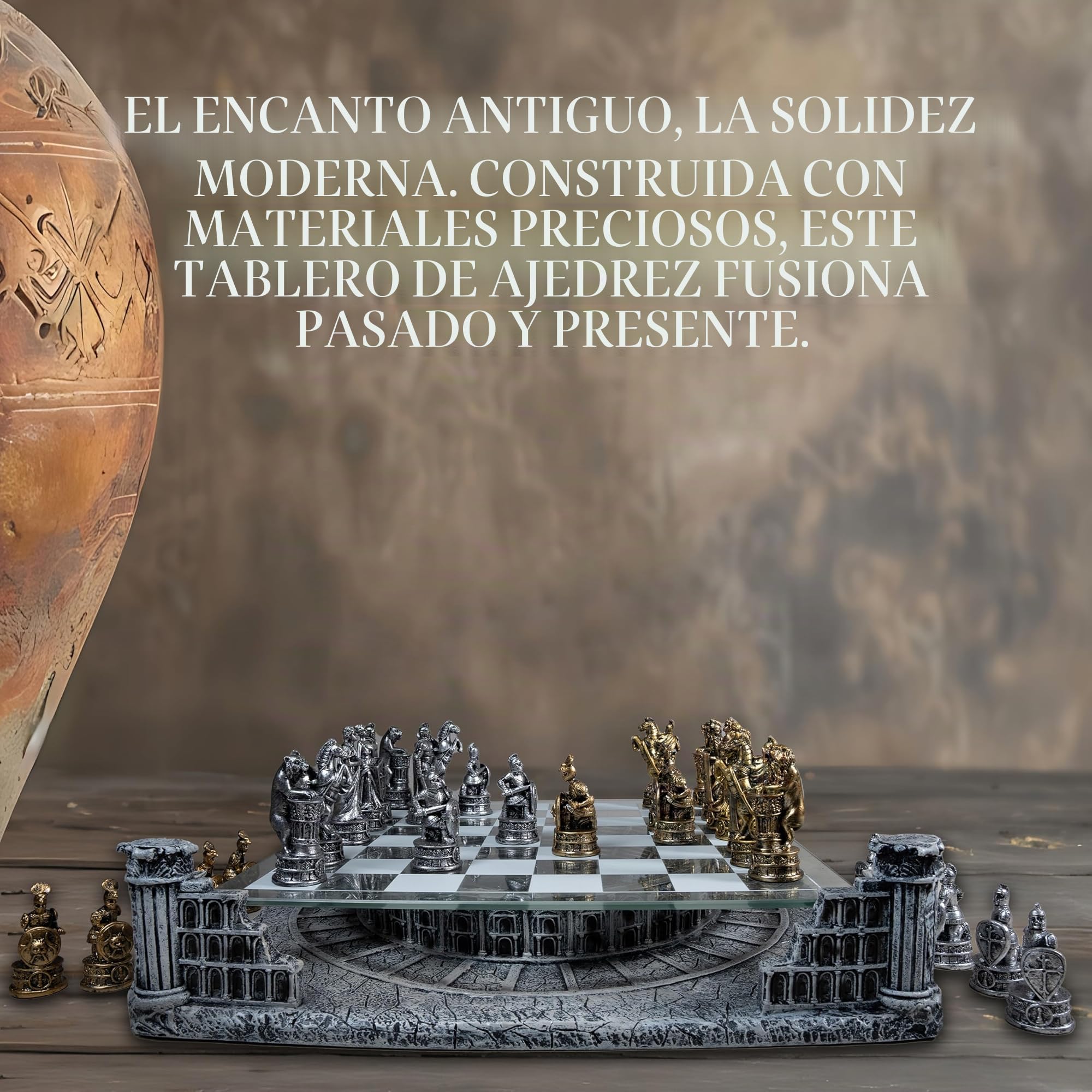 Tablero Ajedrez Profesional Antigua Roma 40x40cm Base de Cerámica | Superficie de Vidrio y Piezas en Resina Oro y Plata - Juego de Mesa Coliseo e Imperio Romano - Idea de Regalo Hombre y Mujer