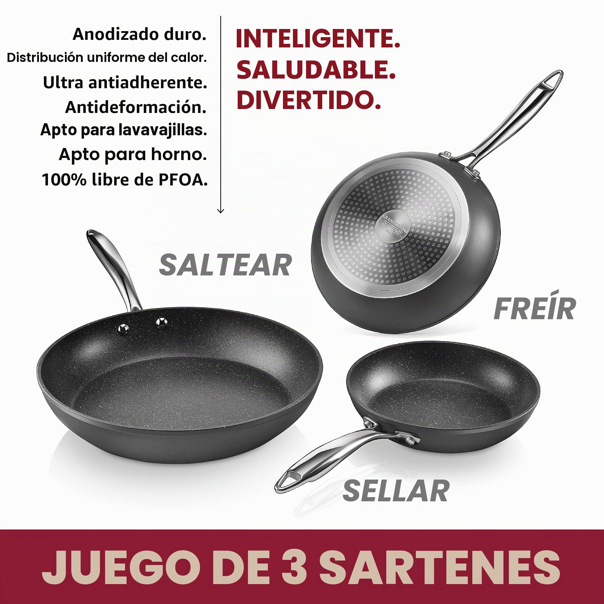 Granitestone - Juego anodizado duro, Sartén de 8, 10 y 12, libre de PFOA, aptas para horno, lavavajillas y utensilios de metal, sartenes antiadherentes, 3 piezas, negras