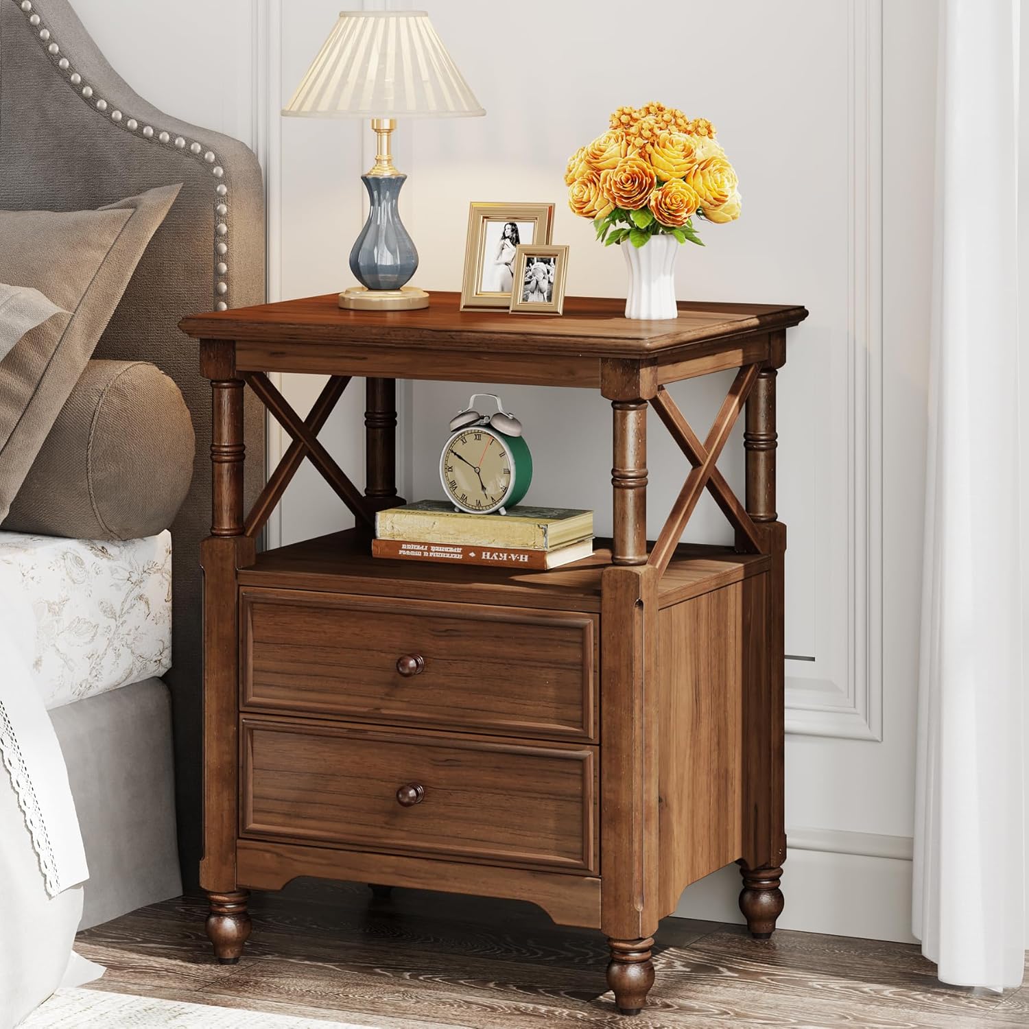 Amazon.com: Tribesigns Farmhouse Nightstand, Bedside Table with 2 Drawers and Open Shelf, Rustic ...