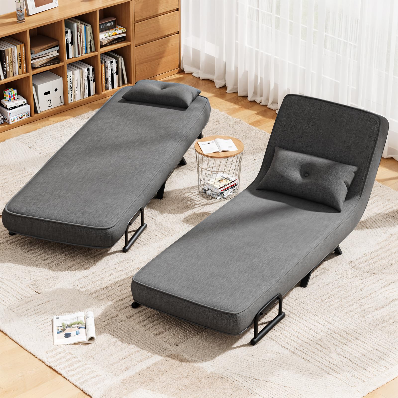 YOUDENOVA Schlafsessel 4 in 1 mit Bettfunktion, Schlafsofa mit 5-Fach Verstellbarer Rückenlehne, Sofa mit Aufhängetasche, Schlafcouch, Gästebett, Klappsofa, 190 × 69 cm, Leinen Dunkelgrau