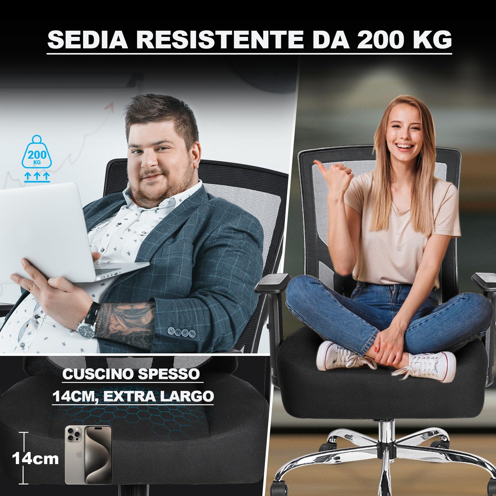 MELOKEA Sedia Ufficio Ergonomica XXL, Big & Tall con Seduta a Molle | 200kg Portata, Schienale Alto, Seduta Extra Larga 14cm, Ruote in Gomma, Sedia Gaming