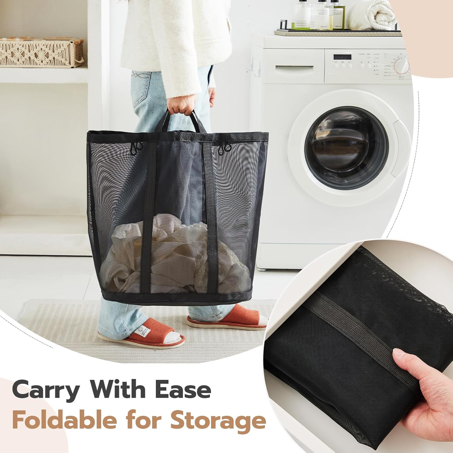 Mesh Laundry bag with Handles, 42L Collapsible Laundry Basket with 2 Hooks, Wall-Mounted Foldable Laundry Hamper Hanging for Bathroom, Dorm or Travel (Black, 2 Pack）