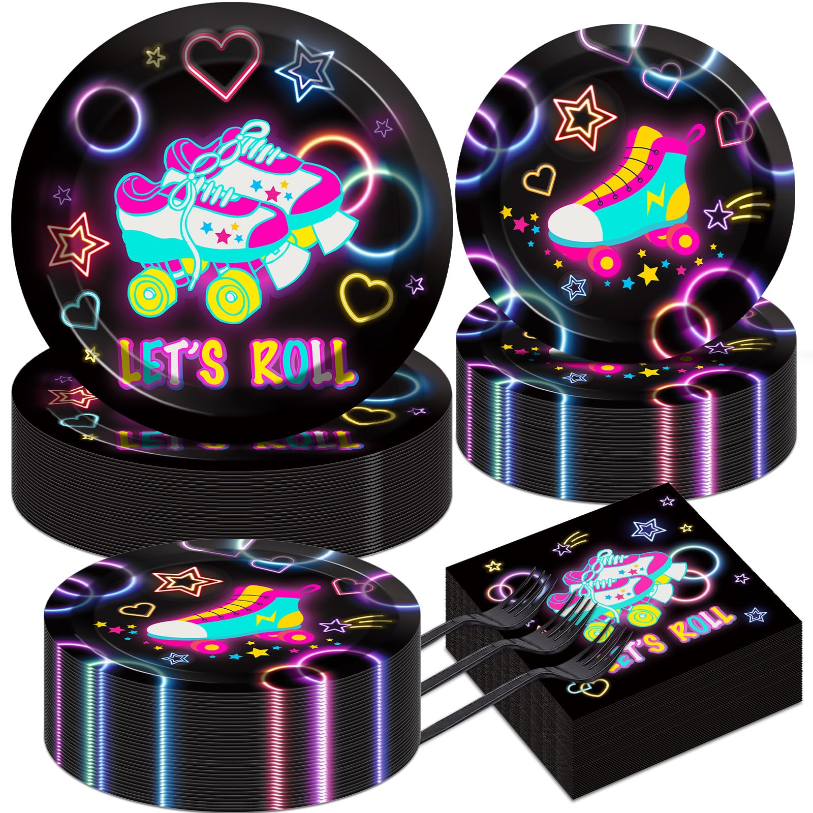 50 Guests Roller Skating Plates and Napkins Party Supplies Retro Roller Skate Party Decorations Disposable Tableware Set Let's Roll Dinnerware Favor for Boys Girls Teens Birthday, 200PCS