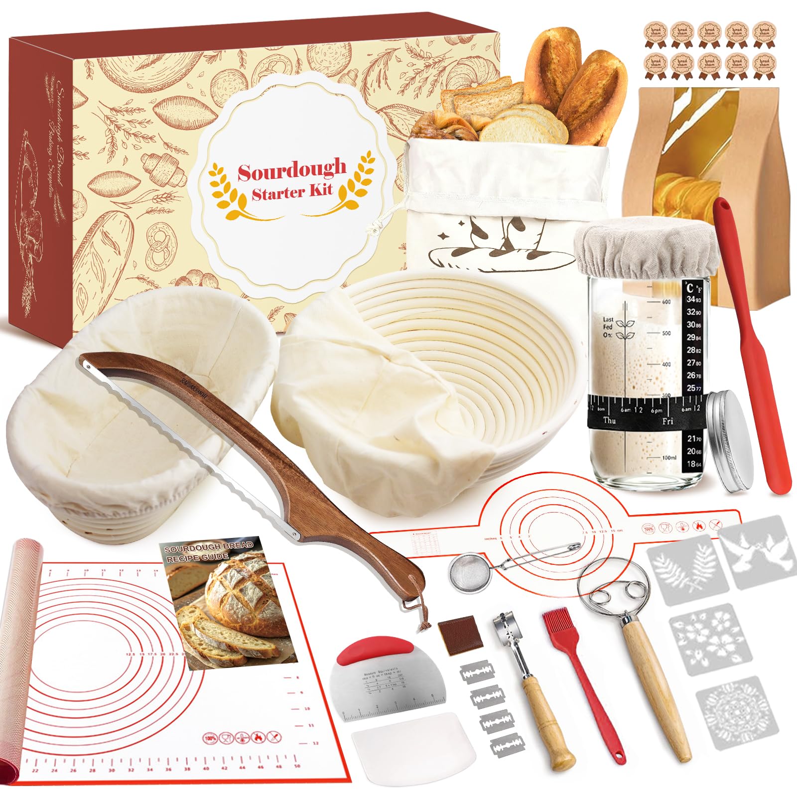Sauerteig-Starter-Set, 22,9 cm rund und 25,4 cm oval, Banneton-Brot-Gärkörbchen, Sauerteig-Brot-Backzubehör mit Sauerteig-Starterglas und Brotschneider, Sauerteig-Set, Geschenke für Menschen, die