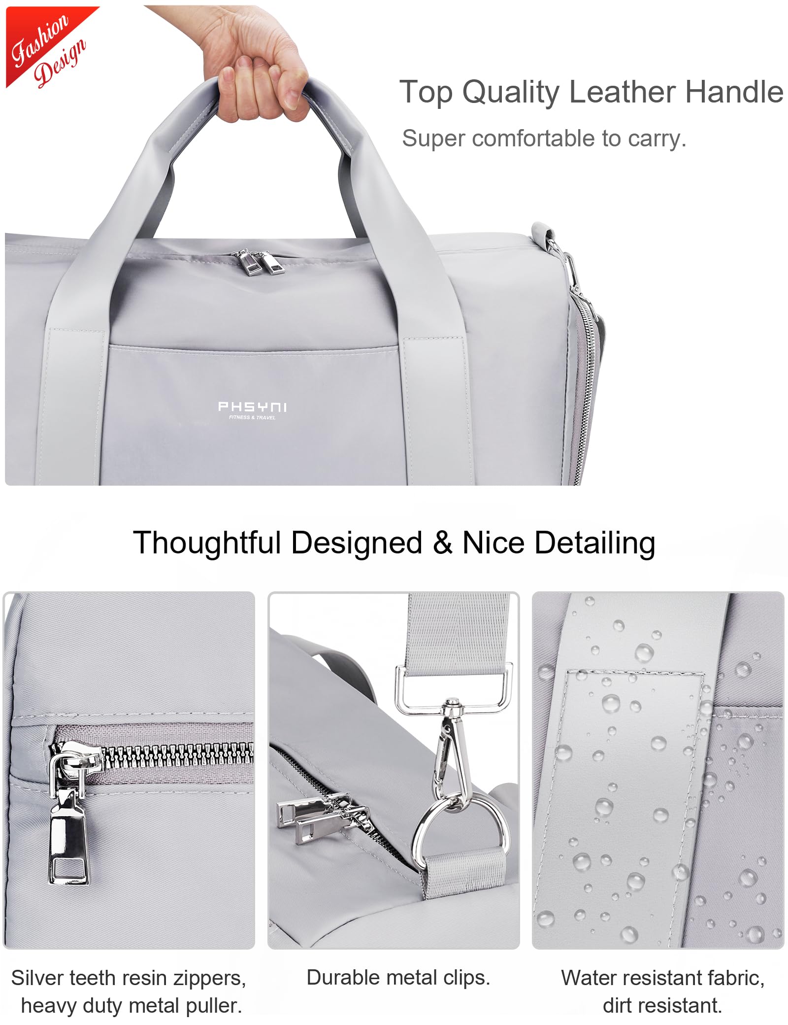 Borsa da palestra per donne, ragazze e uomini, Grigio, 19" Medium Size, Manico in pelle PU facile da trasportare