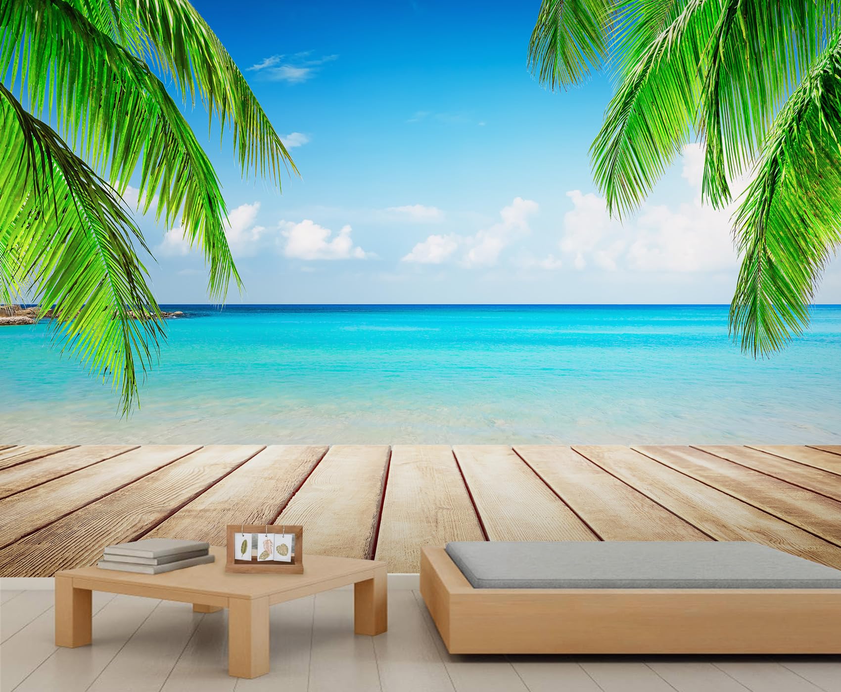Green Ocean Murals 3D Beach Coast Mural Wallpaper Palm Leaves Tropical Wallpaper Sea Natural Scenery Wall Stickers for Living Room Children's Room Office 500 x 317 cm