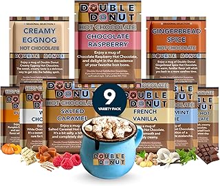 Double Donut Coffee Flavored Hot Chocolate Packets Variety Pack, 9 Count Includes Classic, Chocolate Raspberry, Salted Caramel, Peppermint, Eggnog & Gingerbread