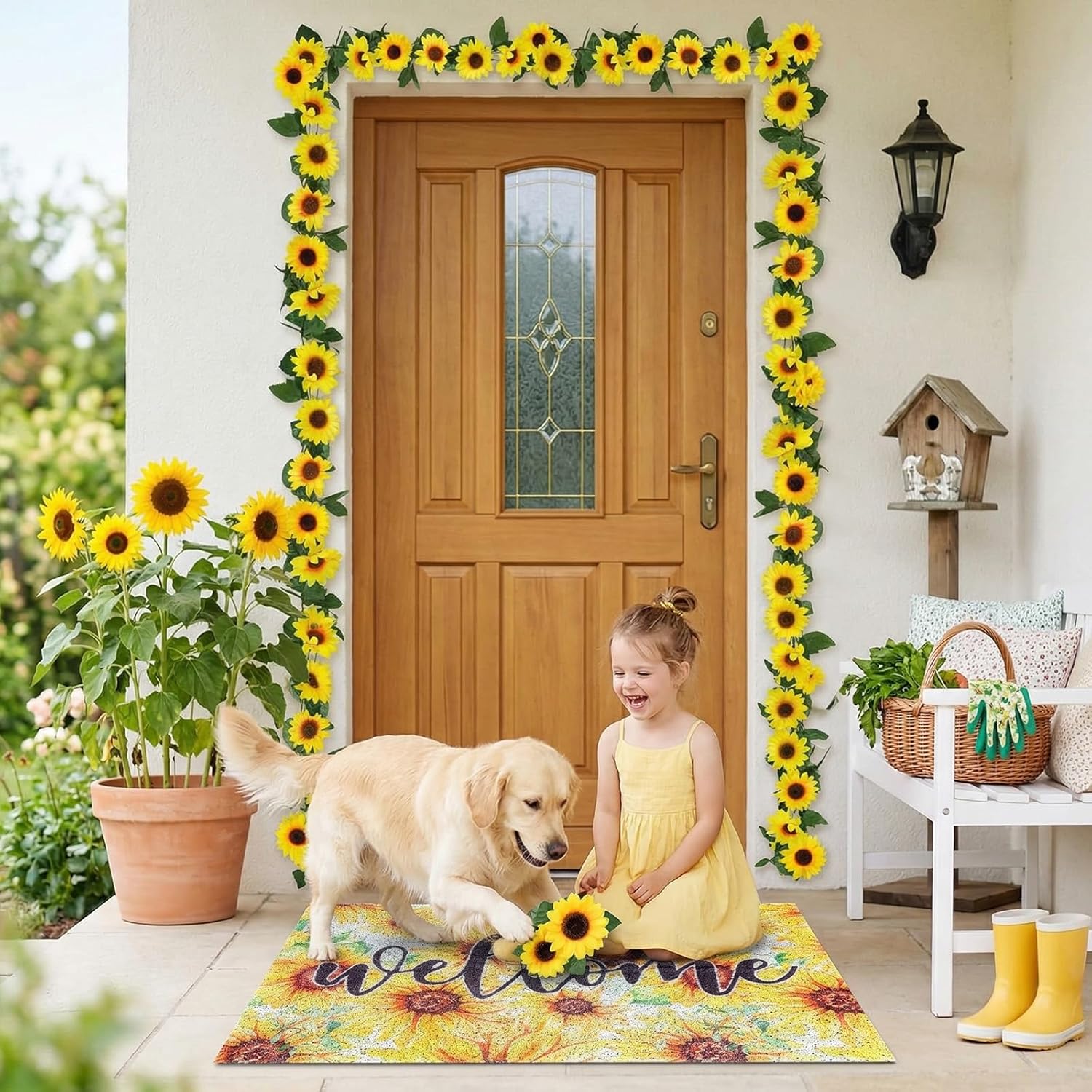 3Pcs Spring Sunflower Doormat and Artificial Sunflower Garland Decorations, Sun flower Welcome Front Door Mat Sun flower Vine Hanging Flowers with Green Leaves for Home Spring Indoor Outdoor Decor