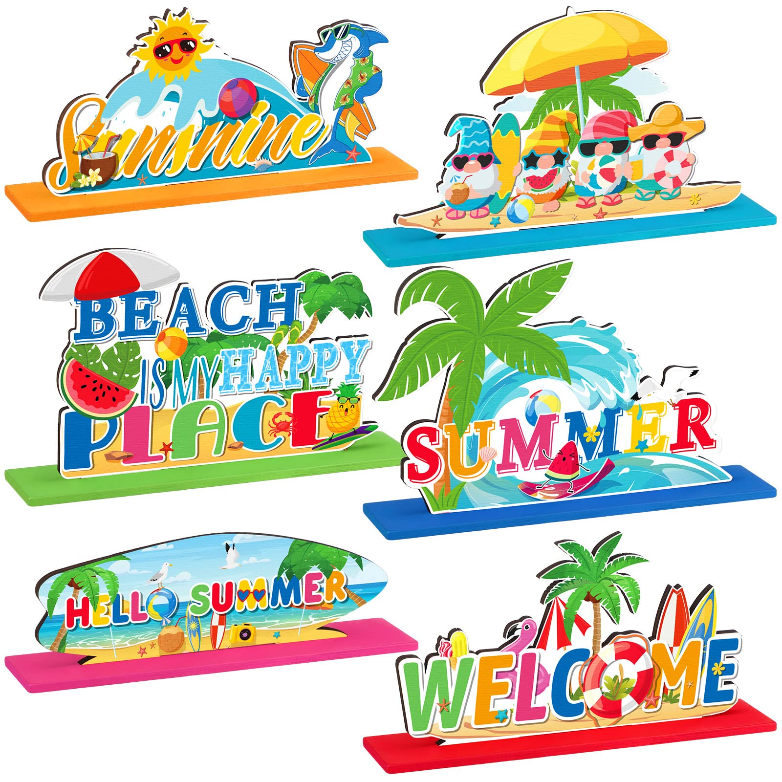 Photo 1 of Hoolerry 6 Pcs Hello Summer Table Decoration Sign Wooden Centerpieces Summer Beach Wooden Decor Flamingo Palm Leave Gnomes Table Centerpiece for or Home Kitchen Office Tiered Tray Decor