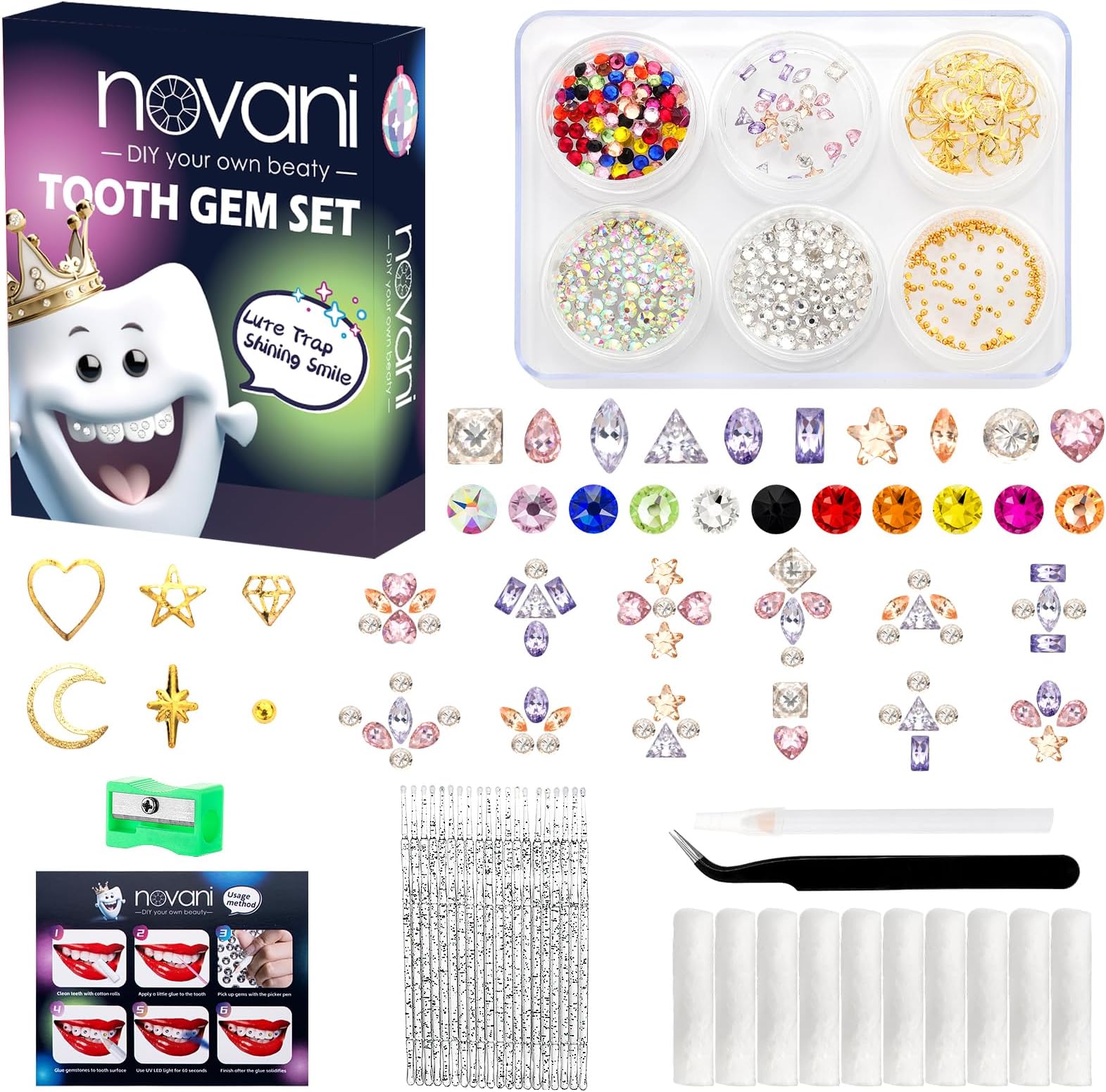 novani 480 Pieces Tooth Gems Jewelry Kit for Teeth, Tooth Diamonds DIY Style 2088 Rhinestones Mixed Sizes Colors and Shapes Gemstones for Teeth (Without Glue)