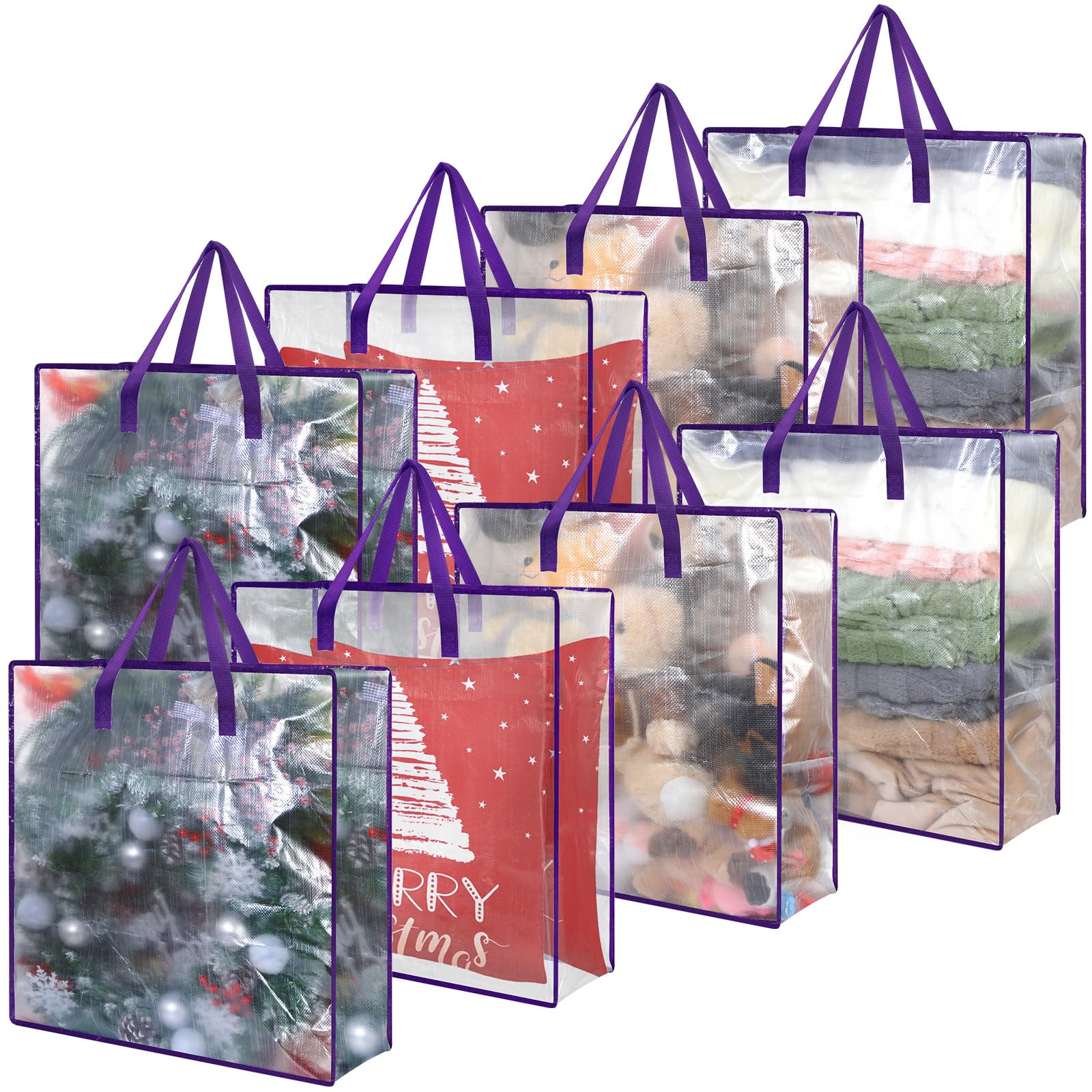 Wesnoy 8 Pcs Clear Moving Bag Blanket Comforter Clothes Bedding Storage bags 95L with Handle and Zipper Heavy Duty Totes, Extra Large Plastic Wreath Storage Bag Moving and Packing Supplies(Purple)