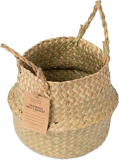 LIVIVO Seagrass Woven Natural Belly Plant Pot Basket, Decorative Baskets Perfect for Storage Laundry Beach Picnic Grocery Toys Home & Office Handmade with Handles  Natural (MEDIUM)