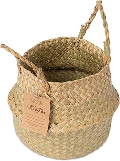 LIVIVO Seagrass Woven Natural Belly Plant Pot Basket, Decorative Baskets Perfect for Storage Laundry Beach Picnic Grocery Toys Home & Office Handmade with Handles – Natural (MEDIUM)