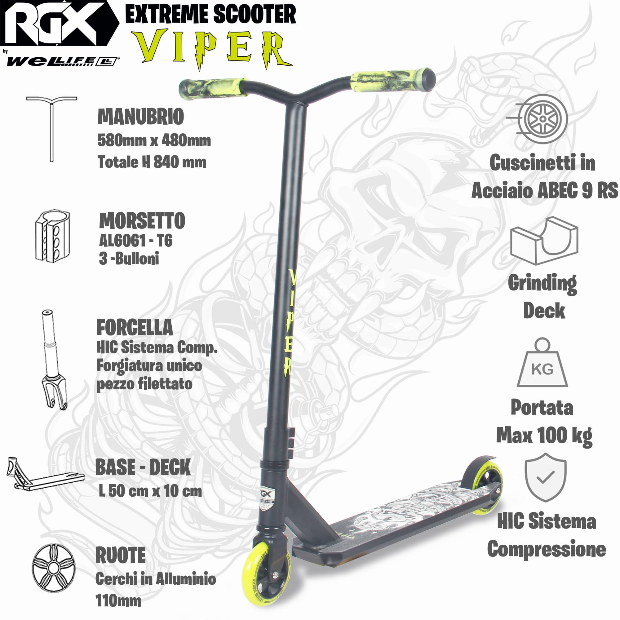 WeLLIFE Monopattini Freestyle Viper RGX – Monopattino Freestyle Professionale, Manubrio HIC System, Ruote PU 110mm e Cerchi in Alluminio, Cuscinetti Abec9, Monopattino Acrobatico per Adulti e Bambini