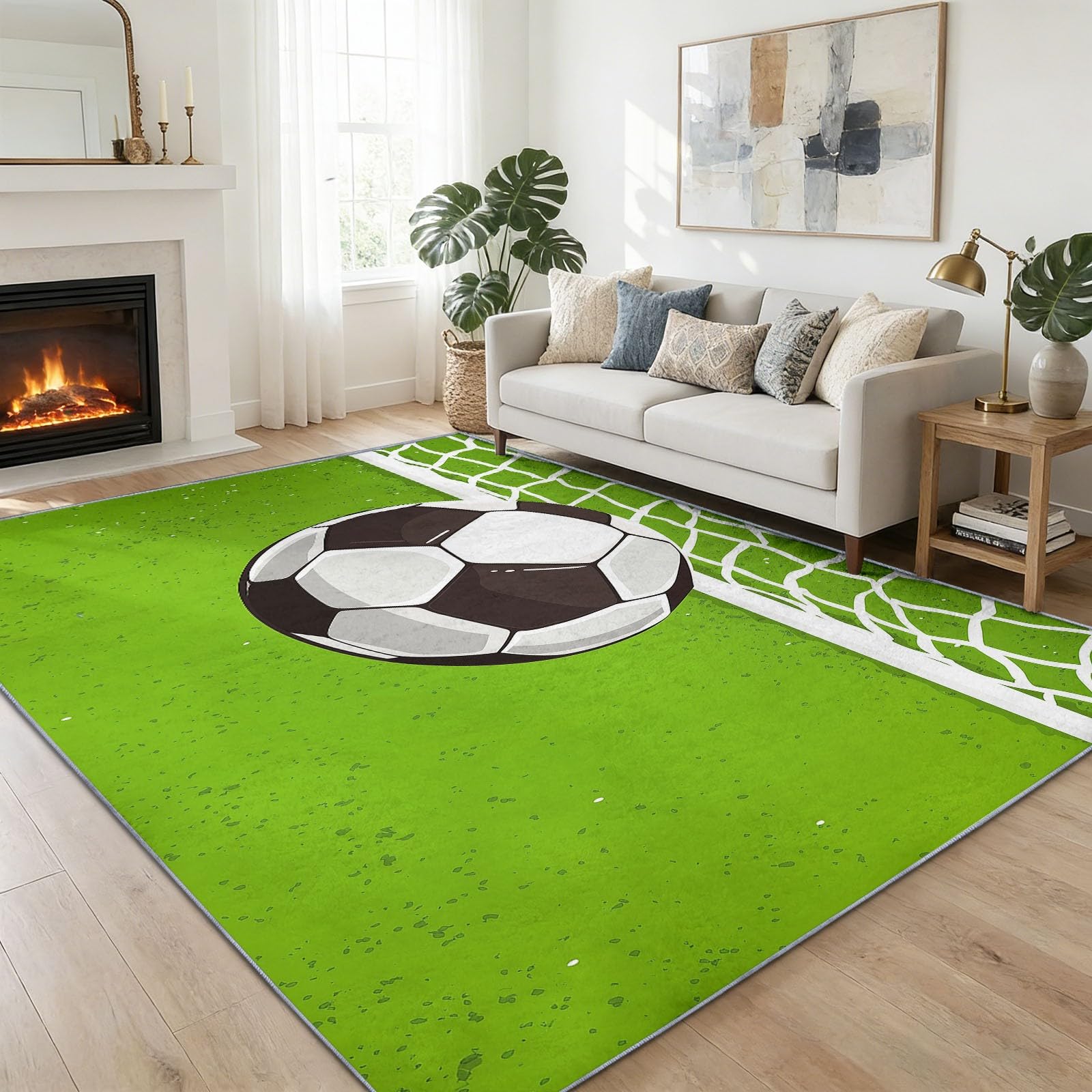 Générique Tapis Intérieur Dessin Traditionnel À La Main Lavable en Machine, Tapis Salon Minimalisme Vert Sauge Sports Football Antidérapant Grand pour Salle à Manger, Chambre à Coucher, 160 x 230 cm