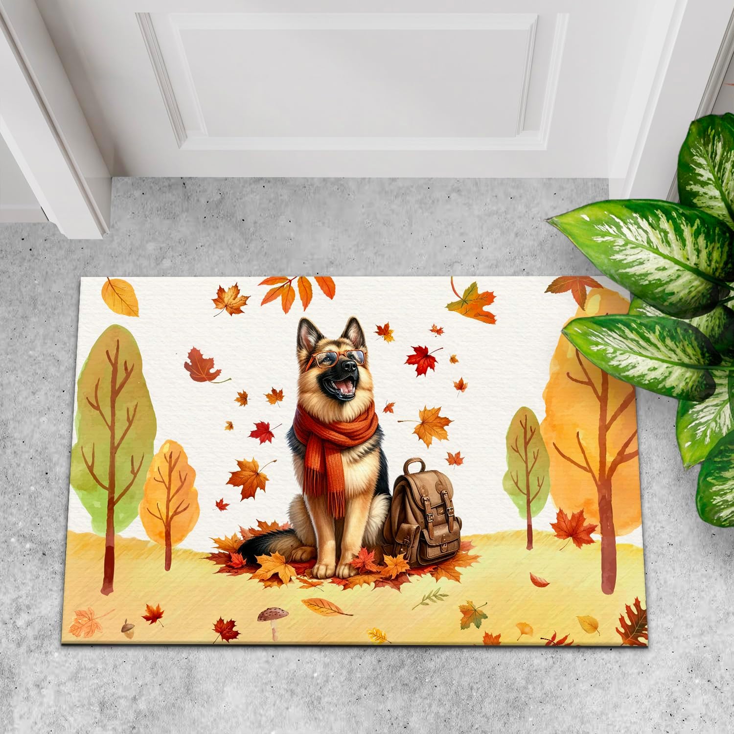 Welcome Fall German Shepherd Enjoys School Time Autumn Fall Leaves Doormat Alsatian Dog Lover Gifts Indoor Outdoor Welcome Mat - 02013