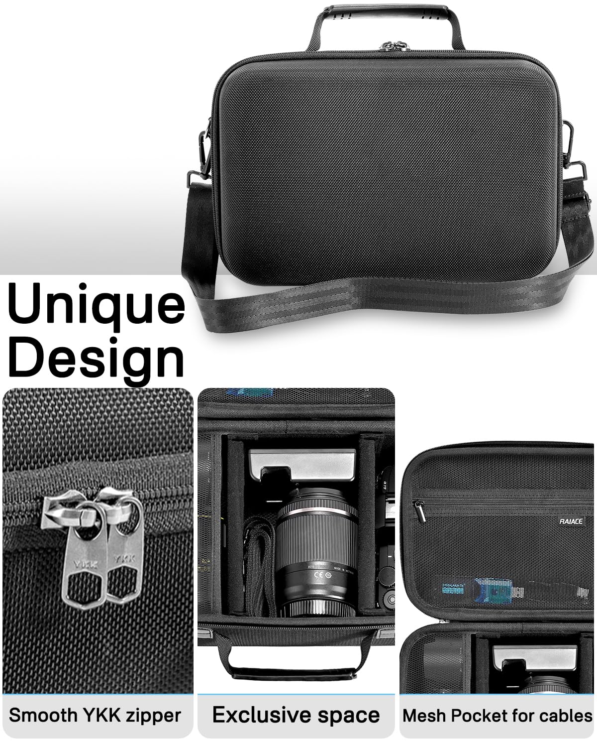 RAIACE Twarda obudowa kompatybilna z aparatem Sony Alpha 7 II III IV/7R V, do Nikon, Canon, Pentax i wielu innych. Z kieszenią z siatki na obiektyw, ładowarkę, kabel i akcesoria. - czarna