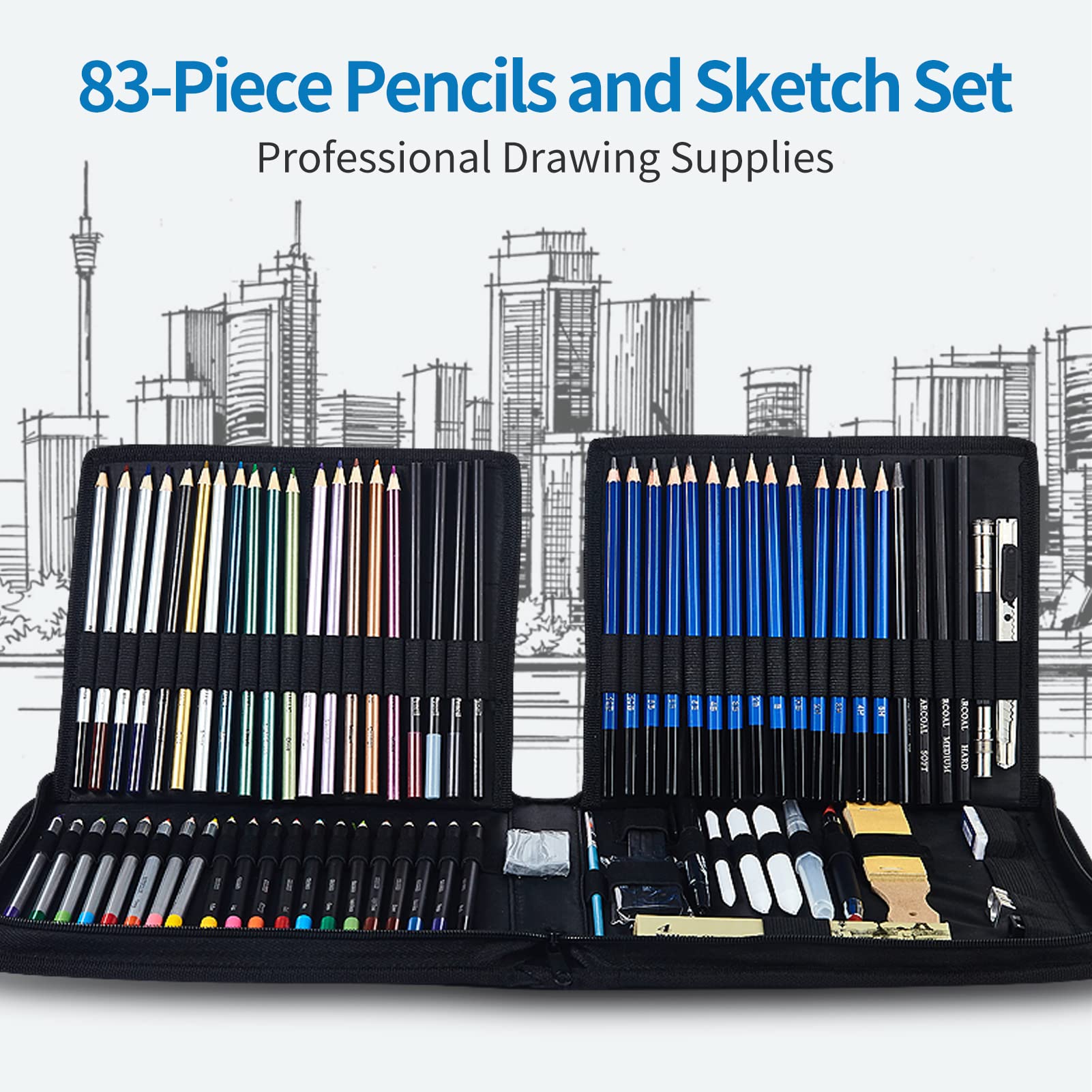 Ejoyous Set da 83 Matite da Disegno, Materiale Artistico, con Matite Colorate e Carboncino, Custodia Portatile con Cerniera, Quaderno da Disegno per Principianti, Studenti, Artisti (#2)