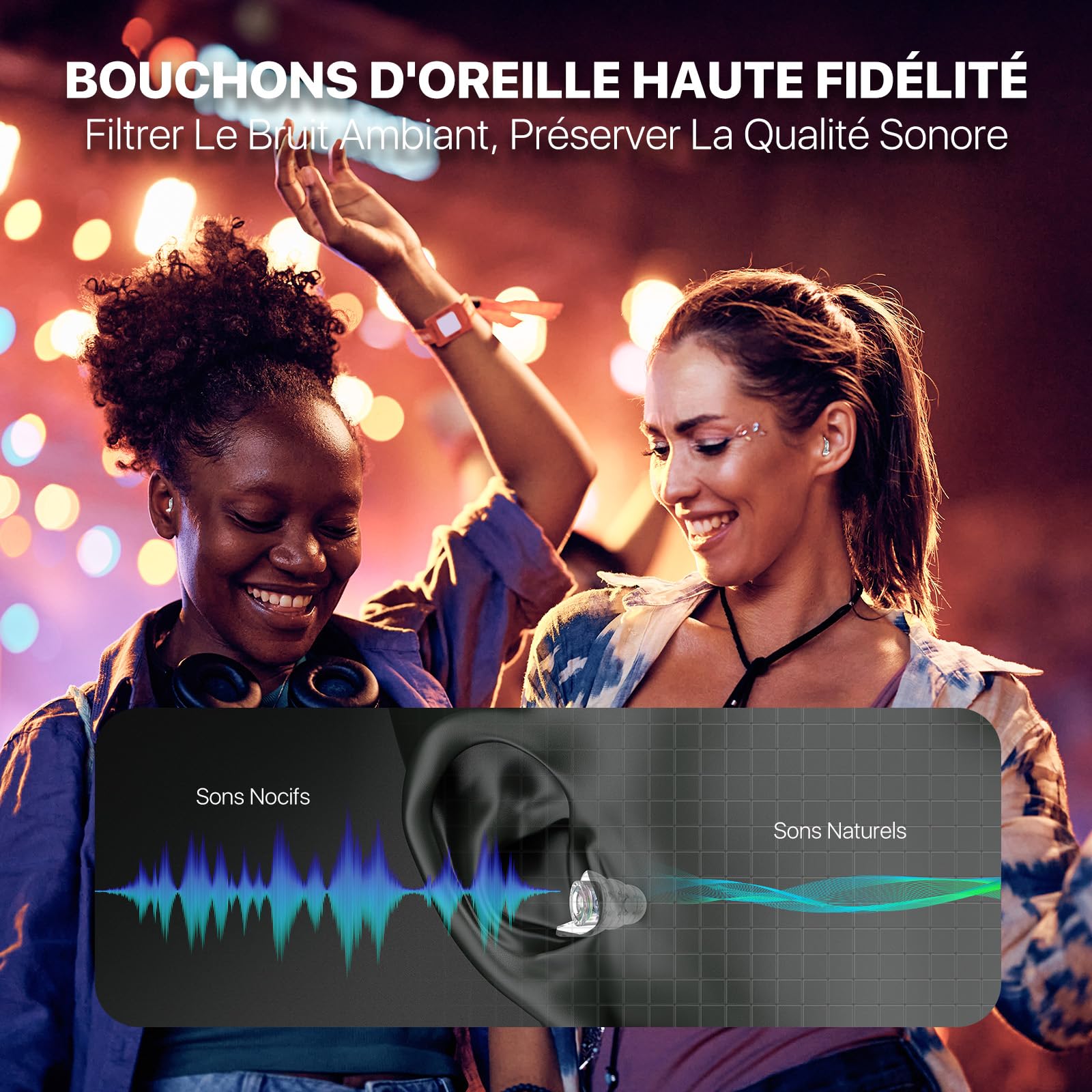 Hearprotek bouchon d'oreille protection auditive 23dB bouchon oreille anti bruit Silicone souple ear plugs pour la musique Musiciens, concert, avion, fêtes, Batteurs taille S 1paire,Iridescente