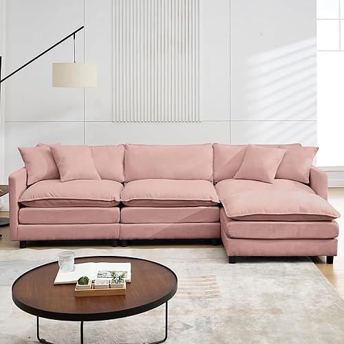 Miniatura 25 de Sofá modular modular de pana de 108.27 pulgadas para sala de estar con 3 asientos, 1 otomana y 3 almohadas, cómodos sofás de nube con otomana móvil,