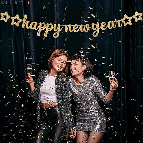 Miniatura 2 de KatchOn, Cartel dorado con purpurina de feliz año nuevo, 10 pies, pre-encordado, decoraciones de feliz año nuevo 2025, cartel de Año Nuevo para