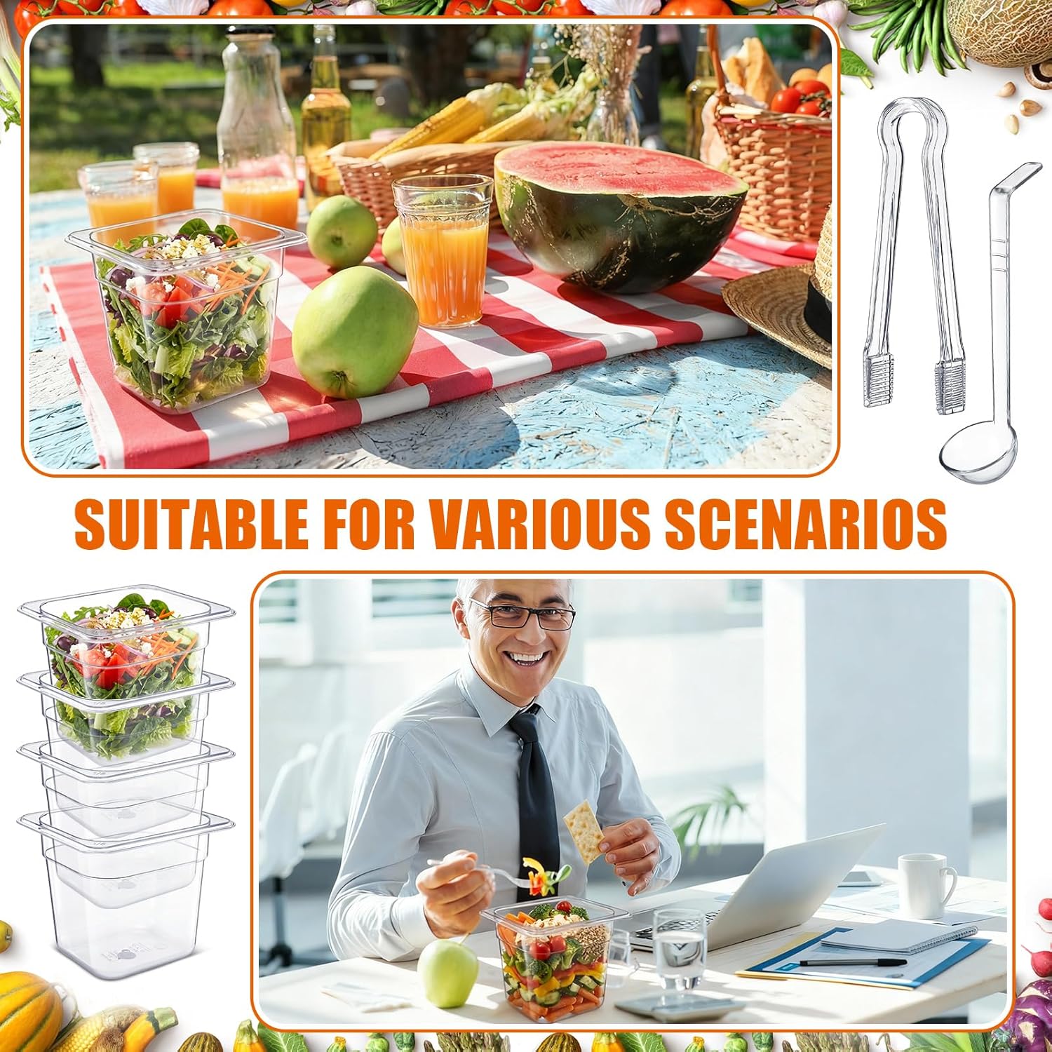 Rtteri 22 Pcs 1/6 Size Clear Plastic Food Pans Set 16 Plastic Hotel Pans & 4 Spoons & 2 Tongs Stackable Salad Bar Buffet Prep Containers for Restaurant Catering Commercial Home Kitchen(6 Inch Deep)