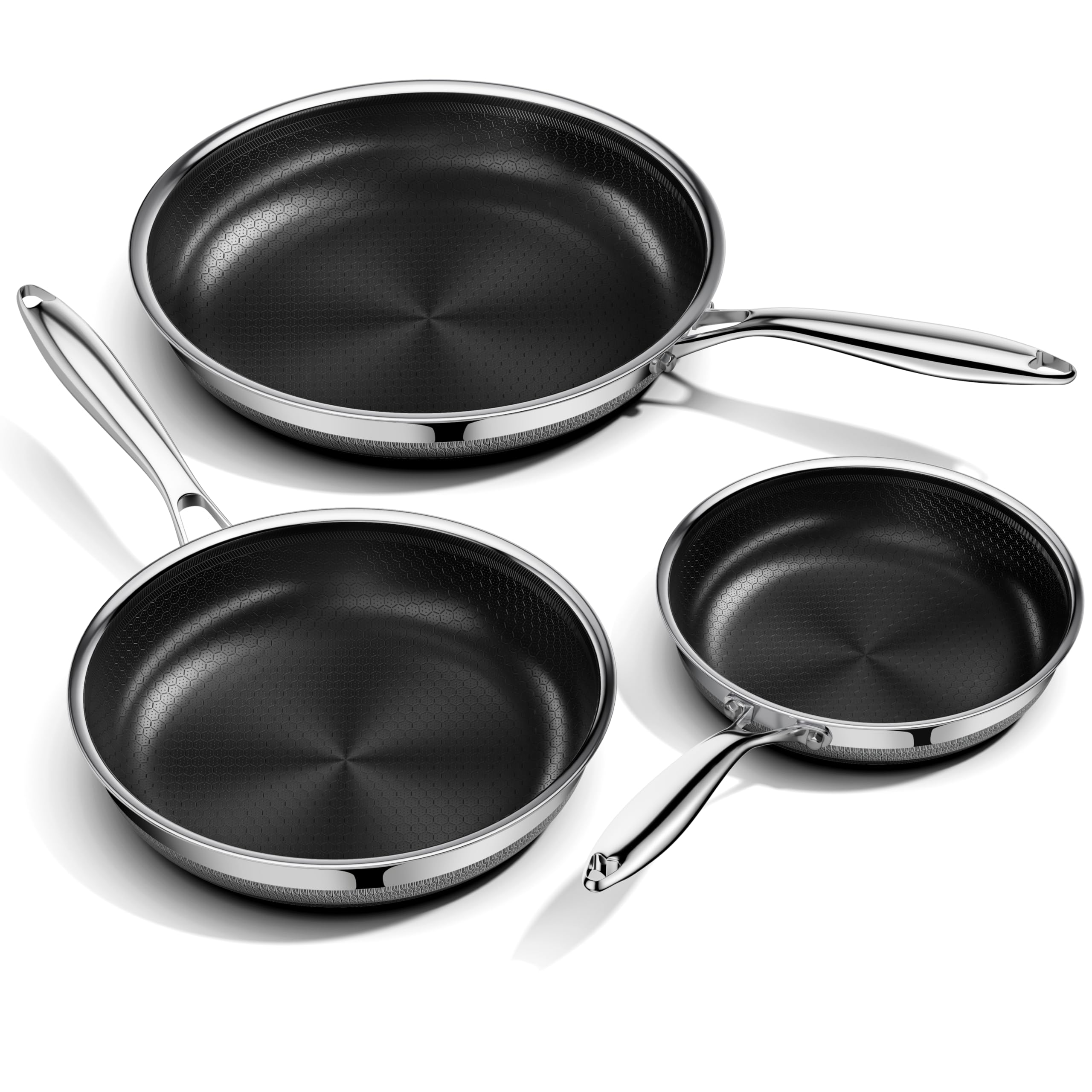 Innerwell Hybrid Nonstick Frying Pans Set 20 24 28cm,Frying Pan Skillet 3-Pieces Set,Tri-Ply Stainless Steel Pan,Stay-Cool Handle,Non Toxic,PTFE/PFAS/PFOA Free,Dishwasher/Oven Safe,(Black)