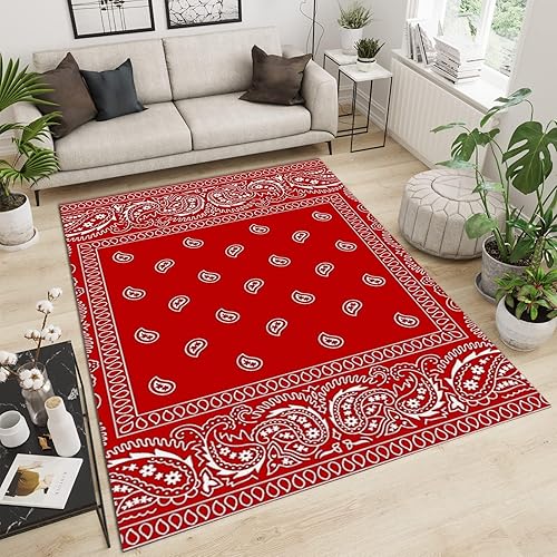 Alfombra tipo bandana roja estilo damasco, alfombra con estampado artístico, antideslizante, para interiores, para niños, lavable a máquina,