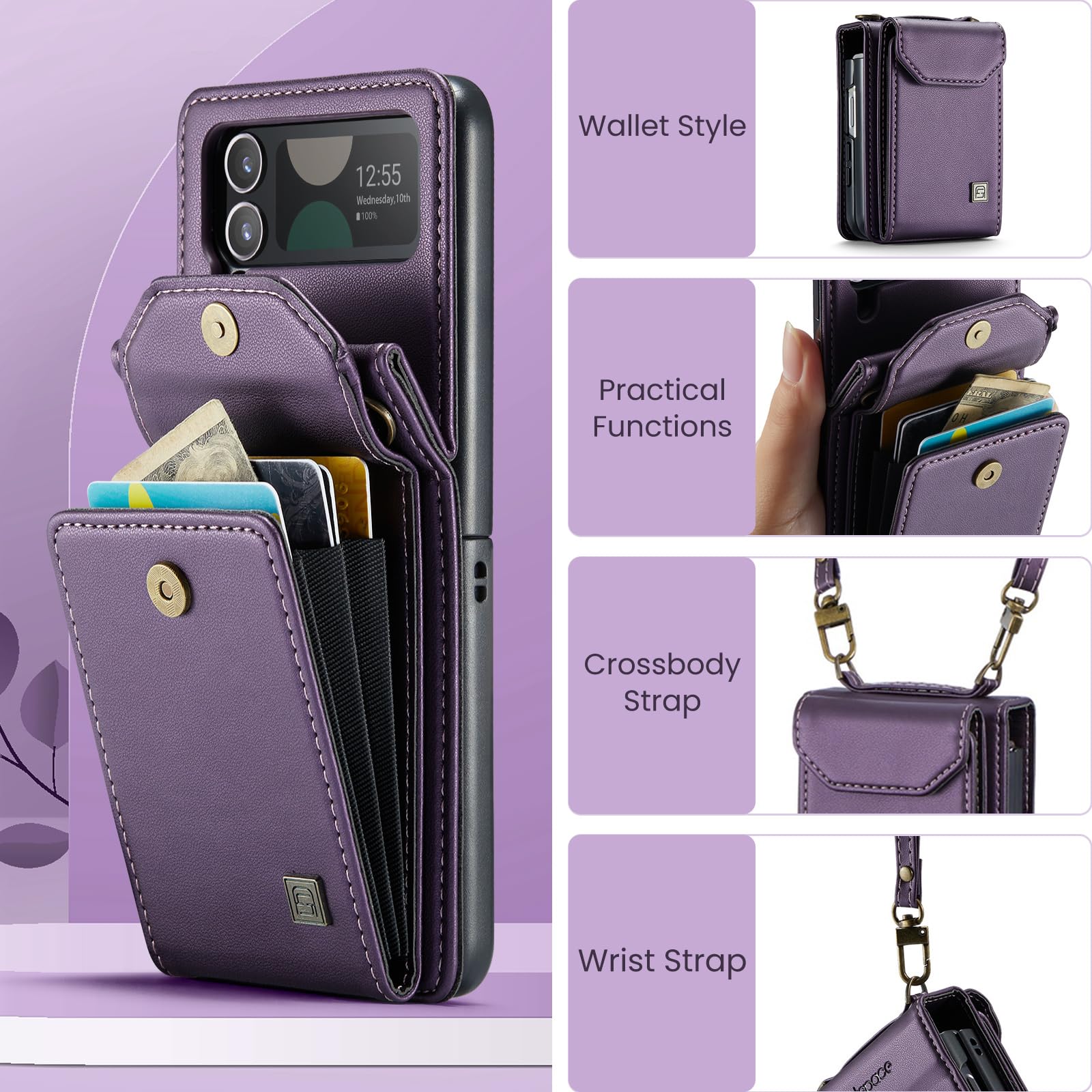 ASAPDOS Crossbody Case Compatible with Samsung Galaxy Z Flip 4,Retro PU Leather Strap Wristlet Flip Case with Magnetic Closure and Card Holder for Men Women Purple