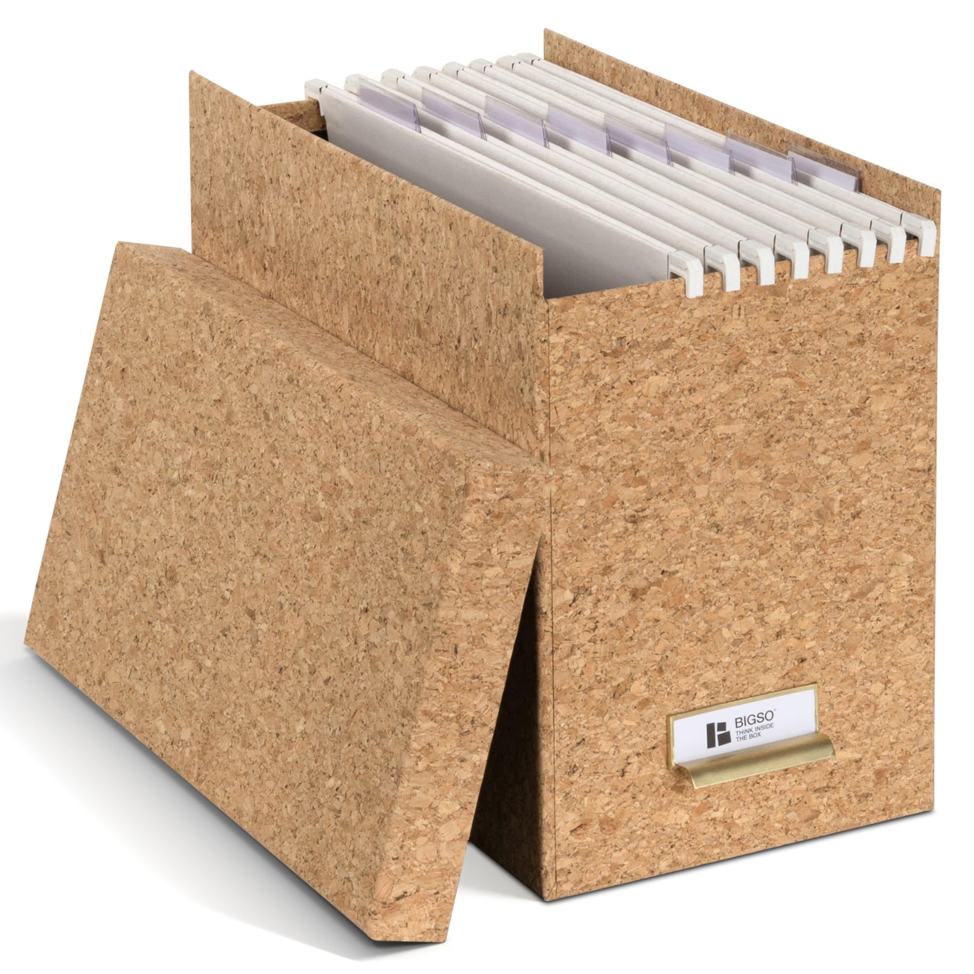 BIGSO JOHAN A4 Hanging File Box - Hanging File Box with Lid and Handle - Desk Tray for Hanging Files & Documents - Storage Box Made of Recycled Fibreboard and Paper - Cork