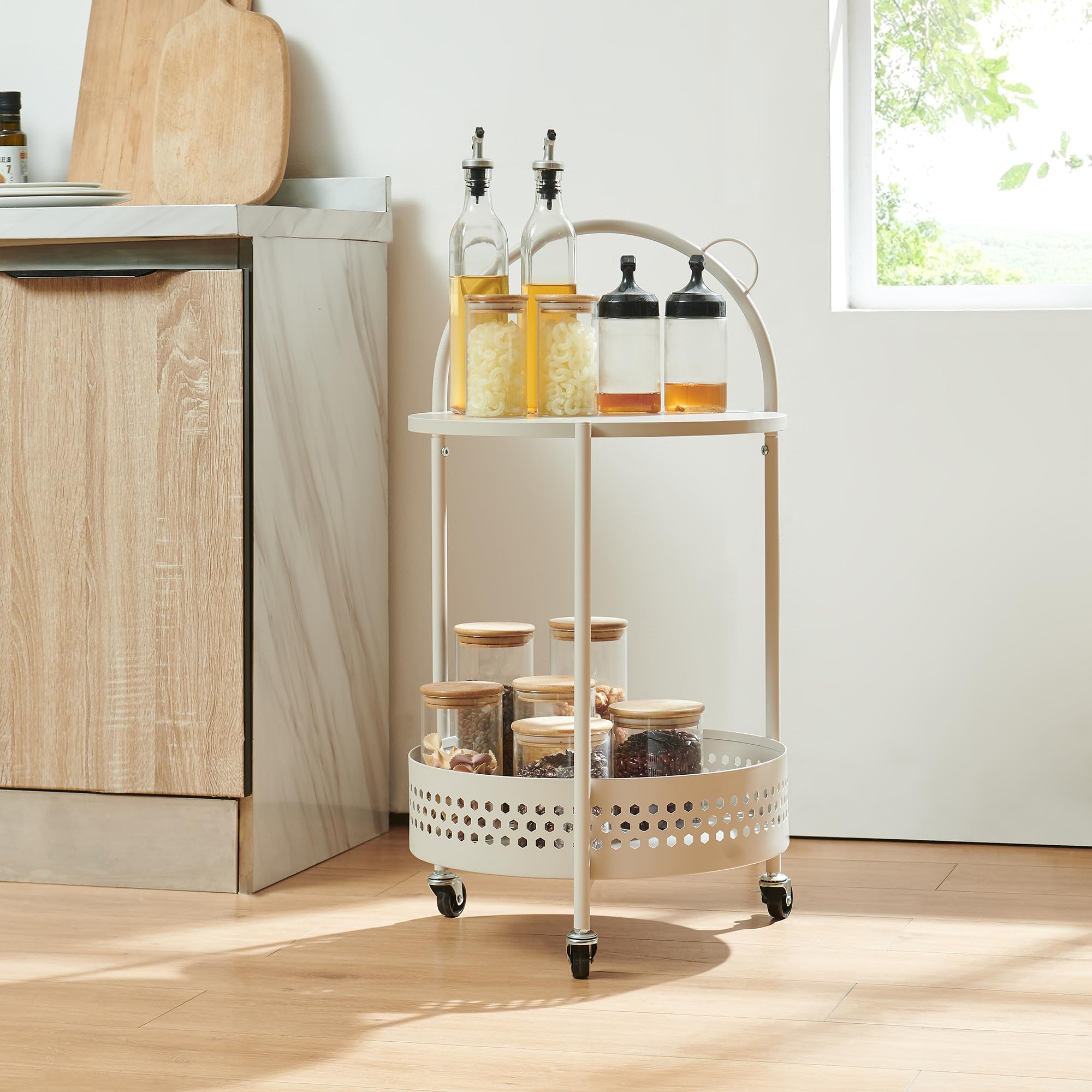 [en.casa] Carro de Servicio Jässaatka de 2 Niveles Carrito de Restaurante Estantería de Baño con 2 Estantes en Forma Redonda y 3 Ruedas Carrito de Cocina Versátil Metal 76 x Ø 40 cm - Gris