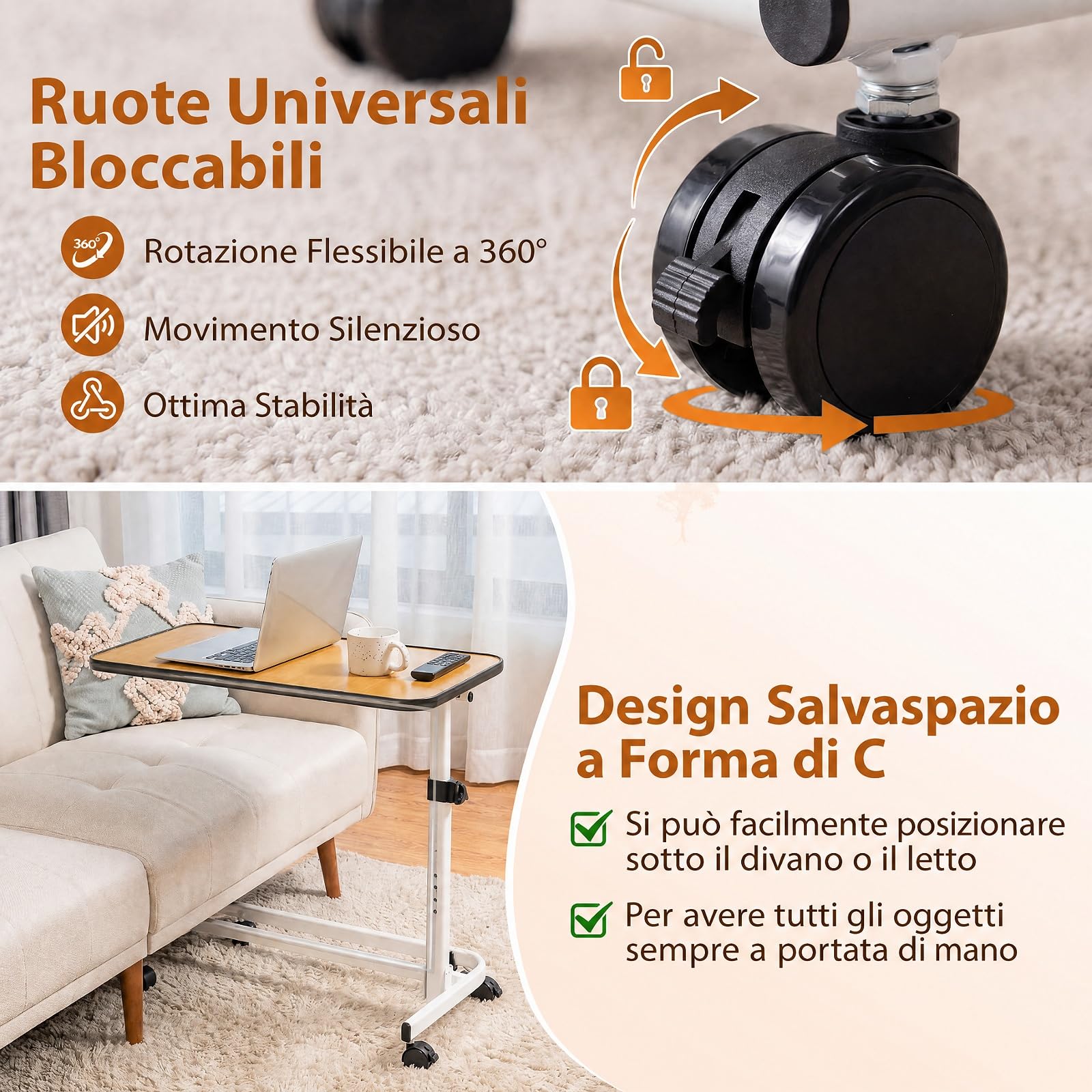 COSTWAY Tavolino Serviletto, Tavolino da Letto e Divano con Ruote (Naturale)