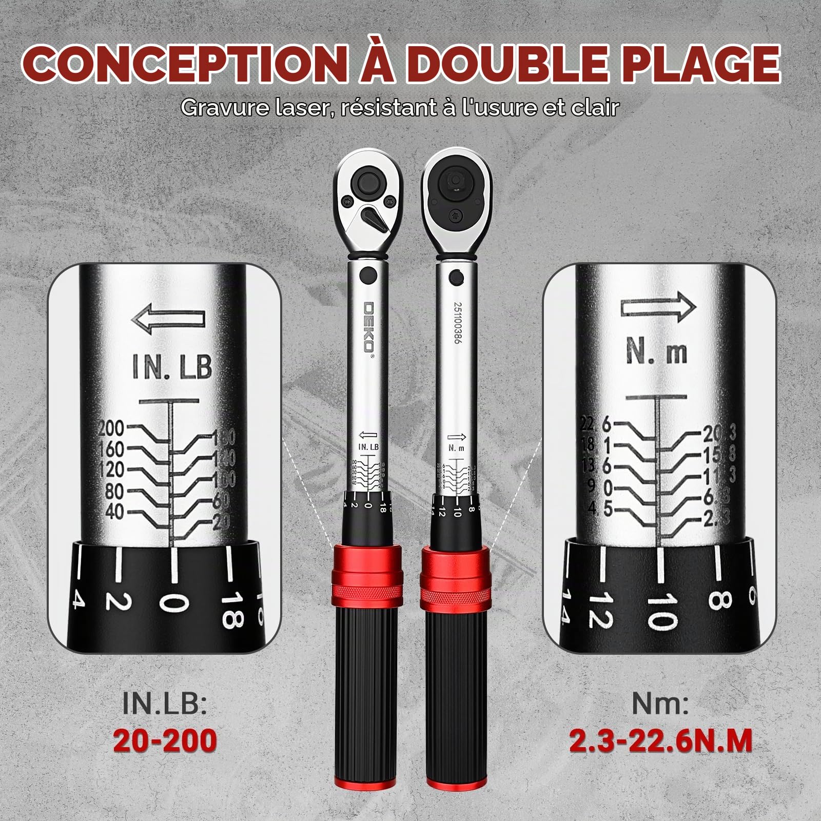 DEKOPRO Clé dynamométrique 1/4" 200 lb-in Clés Dynamométriques 72 Dents ±3%, 3/8" Adaptateur, Joint Universel et Ensemble Complet d'Accessoires