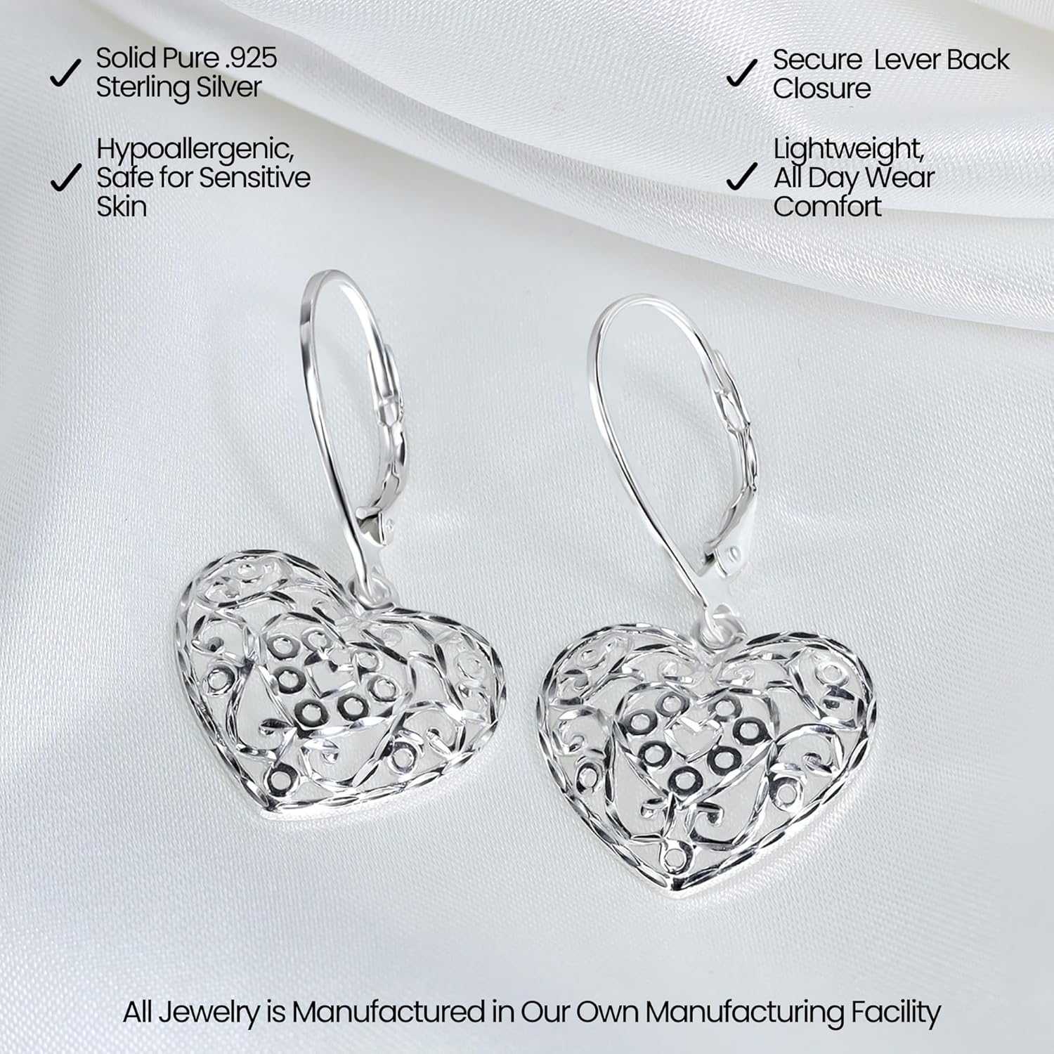 Hoops & Loops 925 Sterling Silver Filigree Heart Dangle Leverback Earrings for Women, Silver, Yellow & Rose Gold - Image 5