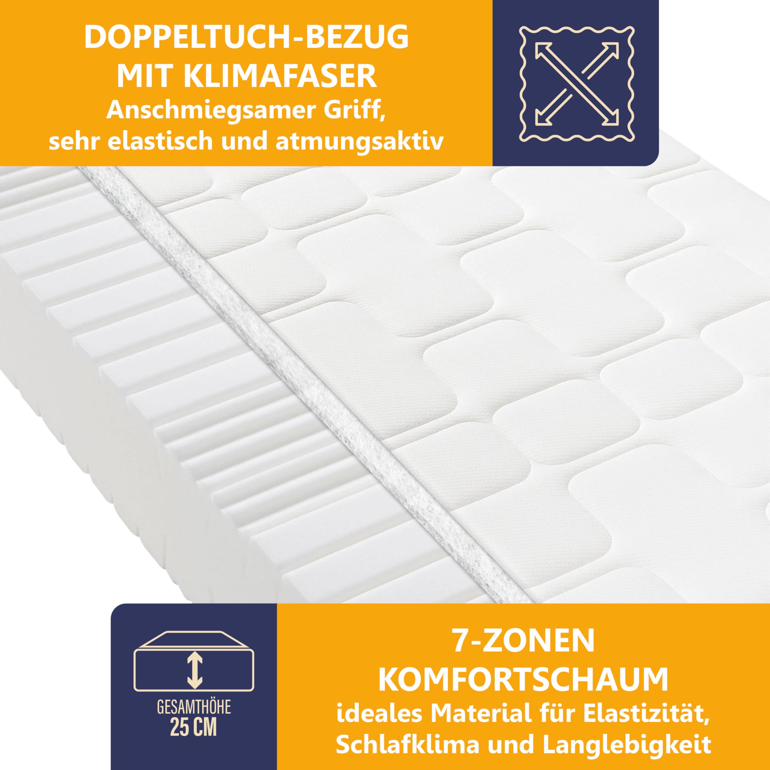 Kaltschaummatratze BeCo Grand Relax, 25 cm Komforthöhe, Made in Germany, Größe:80 x 200 cm, Härtegrad:H2 (0 kg - 100 kg) (90x200, H4)