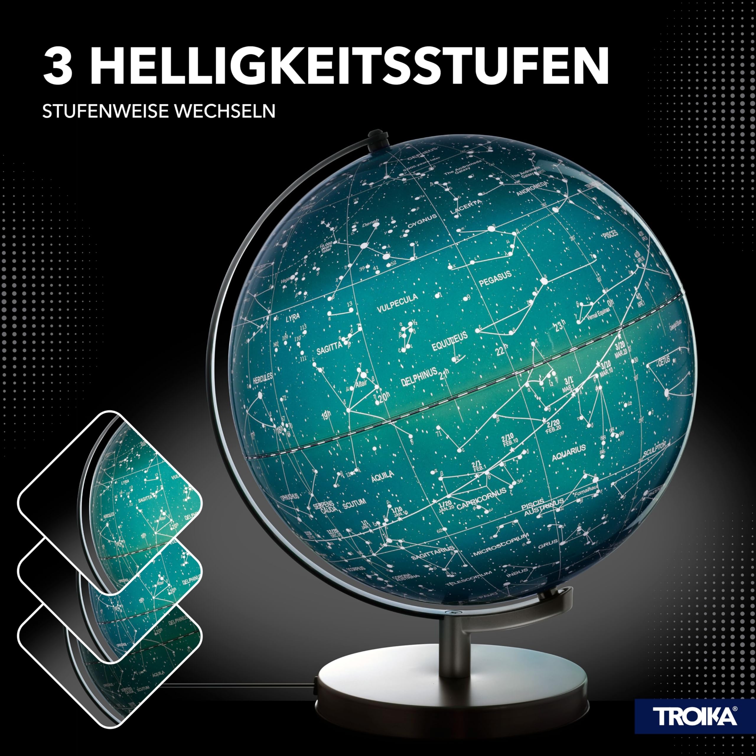 TROIKA Globus mit Sternenkarte beleuchtet Touch Funktion 30cm Durchmesser STELLAR LIGHT TOUCH Beleuchtung inkl. Ladestecker auf gebürstetem Metallfuß aus Kunststoff und Metall in blau