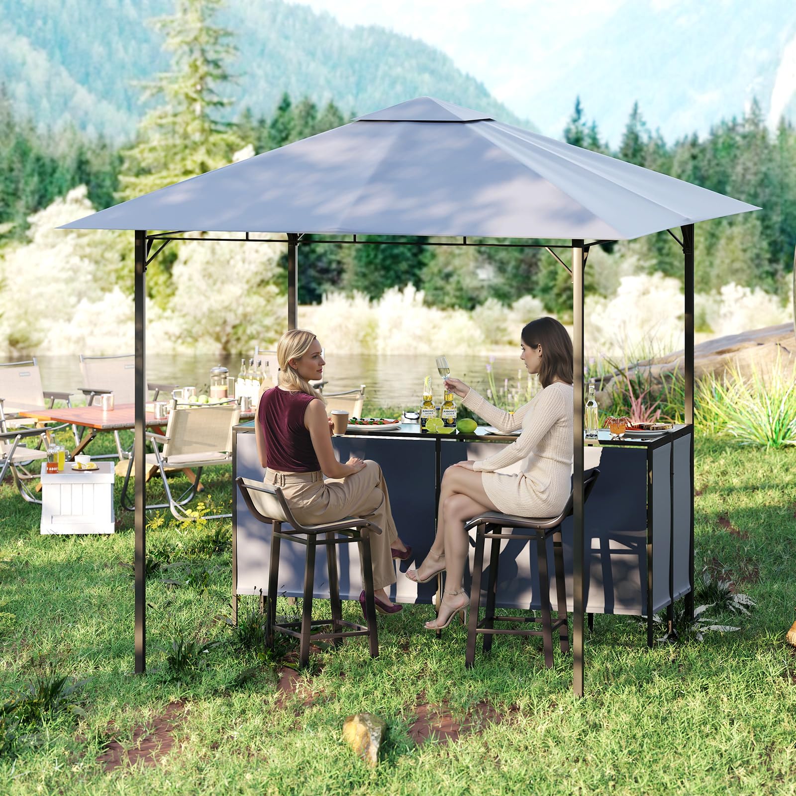 COSTWAY Tonnelle de Bar de Patio en 3 Pièces 245 x 245 CM avec 2 Tabourets de Bar, Abri Barbecue Double Toit Table de Bar en Verre Trempé Étagère de Rangement Porte-Verres à Vin, pour Fêtes (Gris)