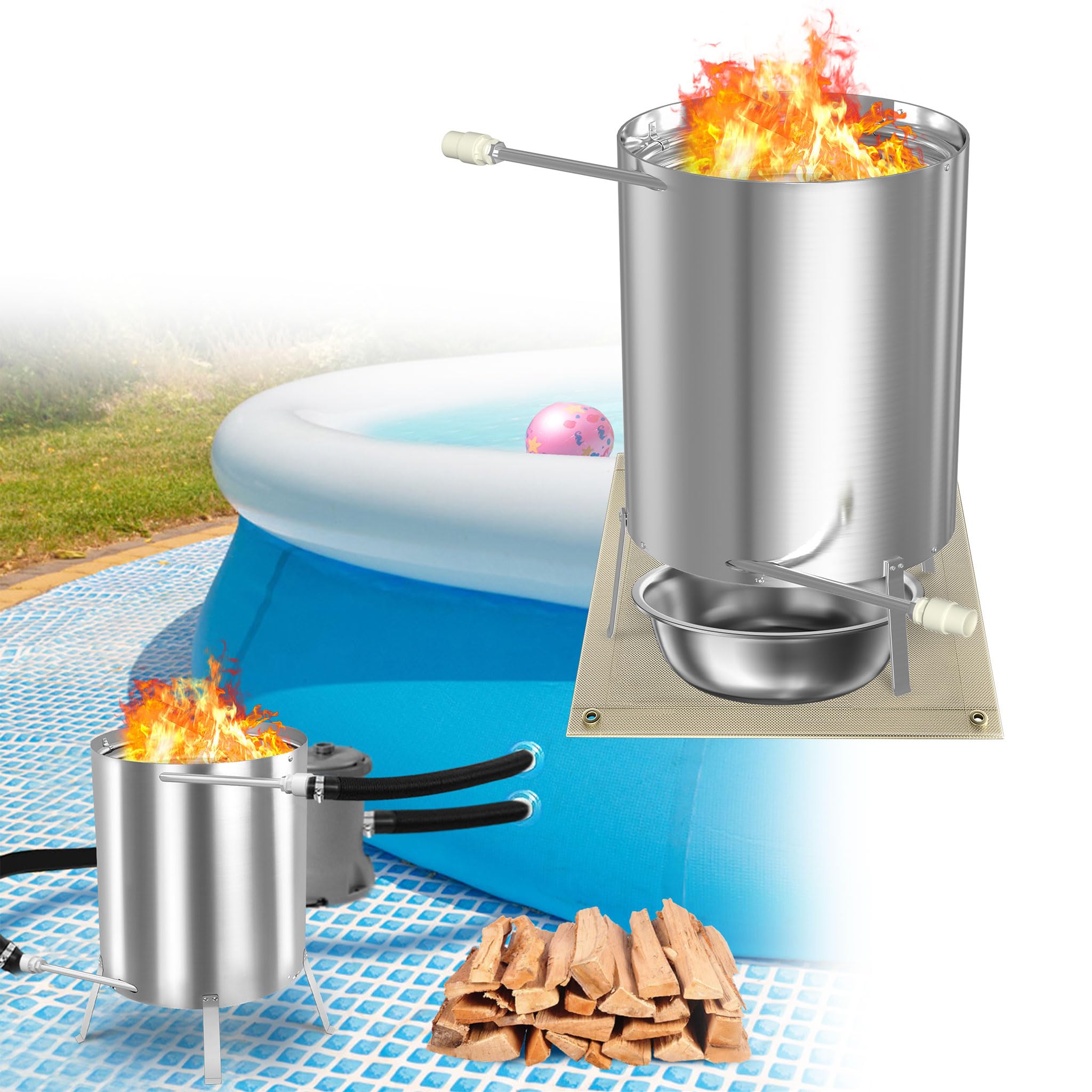 UISEBRT Calefacción para piscina con fuego Calentador de piscina Barrica de fuego de madera con espiral de calentamiento Ø 32/38 mm Conexión, calefactores de piscina Fabricados en 100% acero