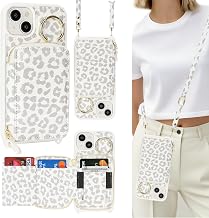 ELTEKER Mobile Phone Case for iPhone 13 Case with Strap, Adjustable Shoulder Strap, Zip Wallet with Card Slot, Ring Holder - Leopard