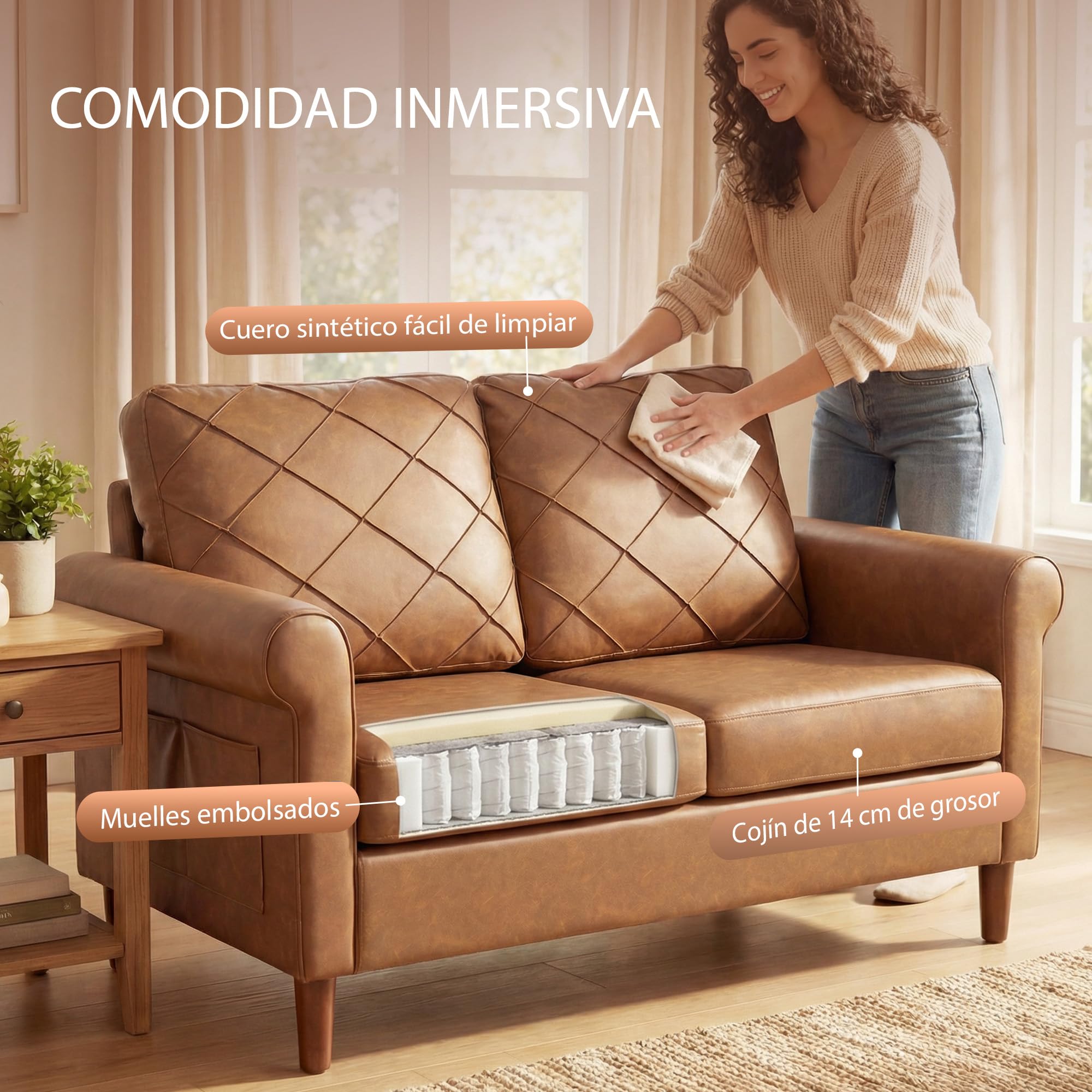 HOMCOM Sofá de 2 Plazas Sofá Moderno Tapizado en PU 134x71x82 cm Marrón | Cojín Grueso, Respaldo con Costuras, Asiento Amplio, Patas de Madera Maciza, Salón, Dormitorio, Oficina