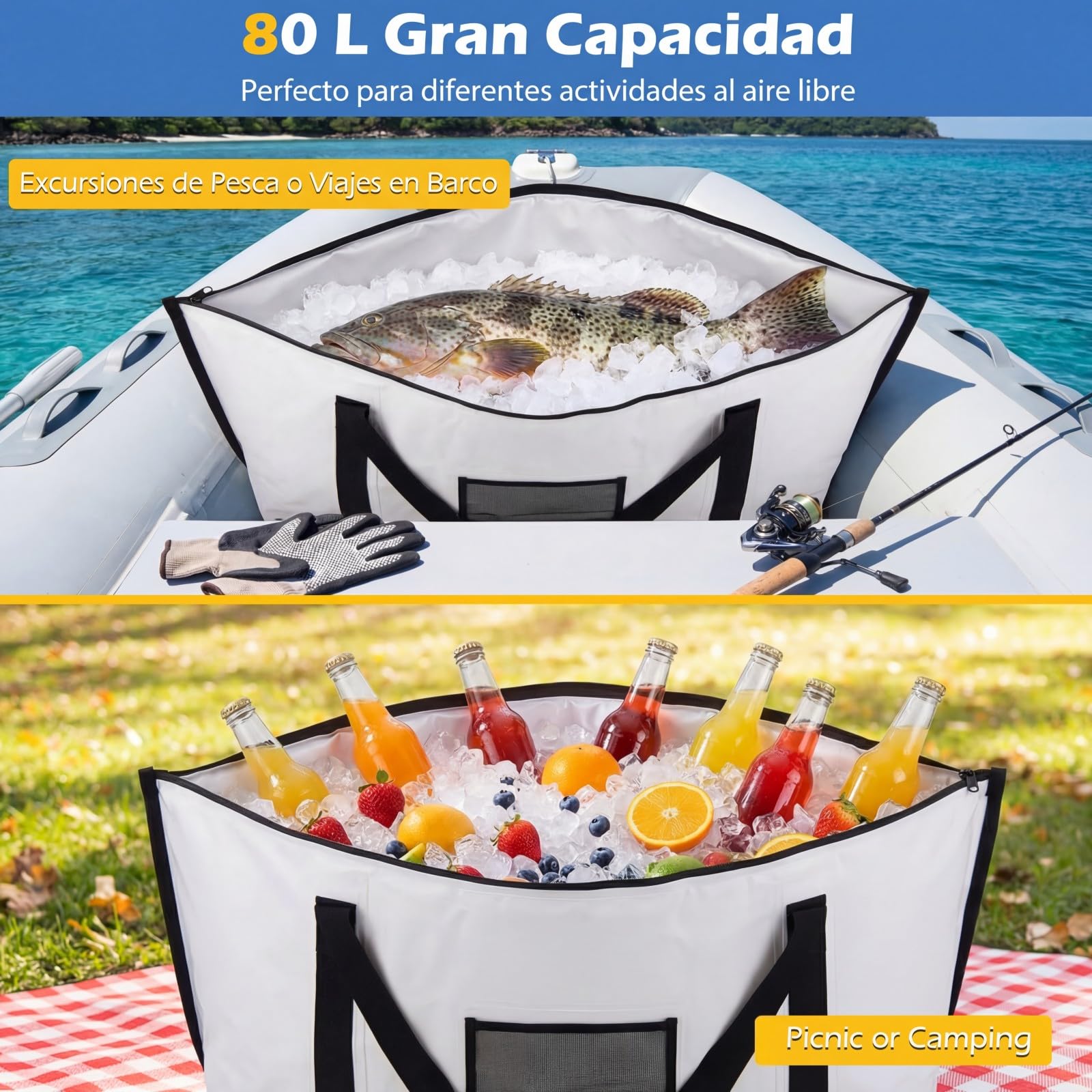 COSTWAY 122 cm Bolsa Isotérmica para Pescado, 80 L Nevera Portátil Impermeable y A prueba de Fugas que Mantiene el Hielo durante 24 Horas, Bolsa Térmica de PVC con Cremallera, Asa y Válvula de Drenaje