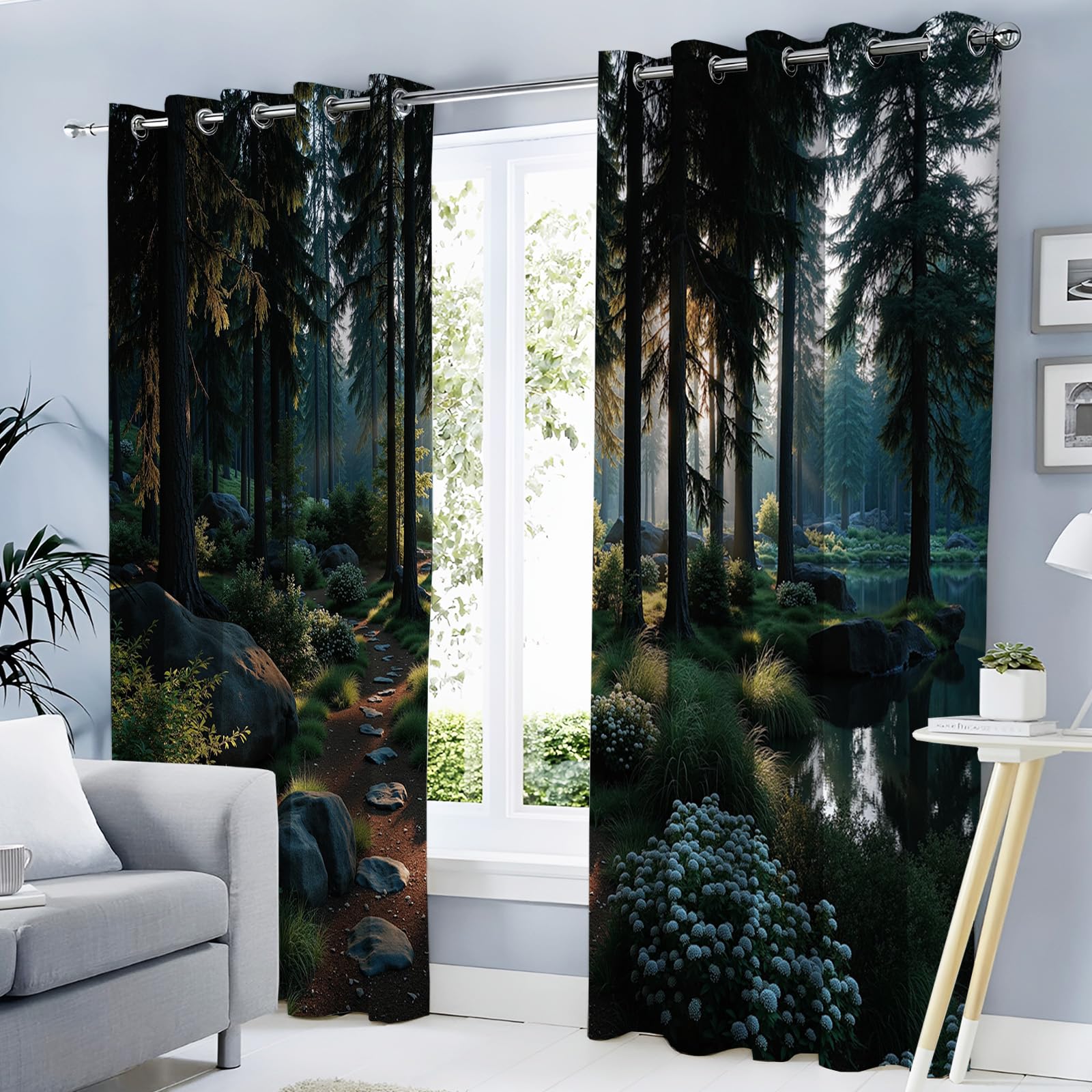 Rideau occultant paysage forestier vert foncé avec oeillets pour isolation thermique de maison