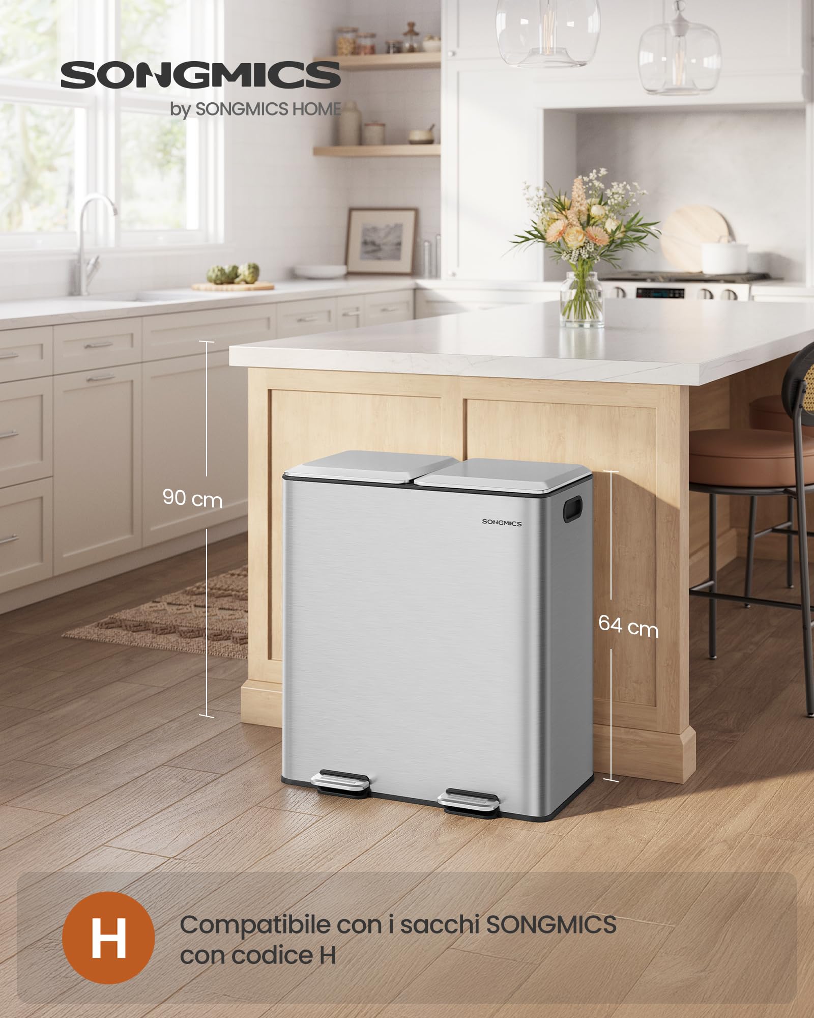 SONGMICS Cestino da Cucina, 2 x 30 L, 2 Scomparti per Raccolta Differenziata, con Coperchi a Chiusura Morbida e Secchi Interni Rimovibili, Pedali, Acciaio Inox, Argento Metallizzato LTB743E01