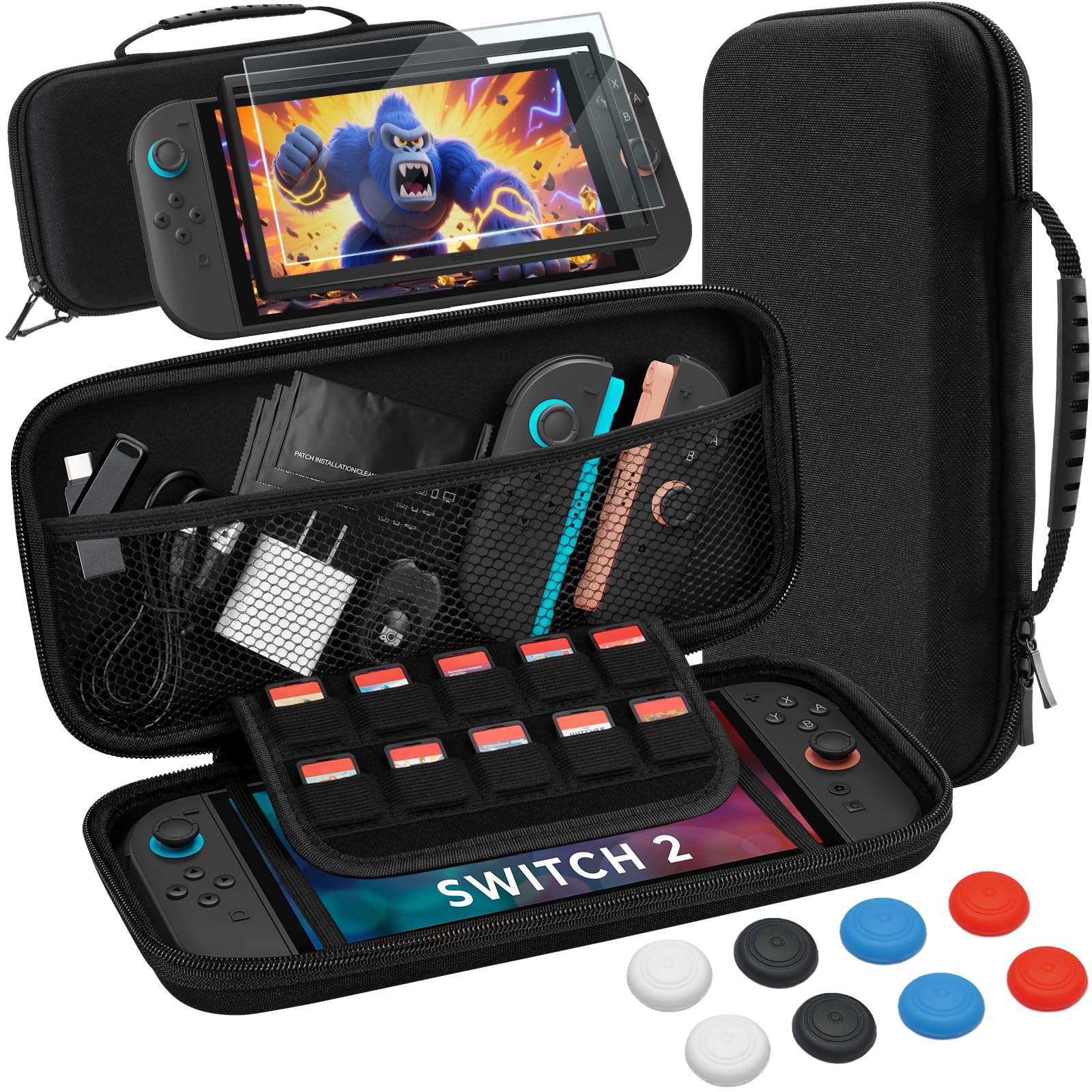 PALPOW Funda Protector Compatible con Nintendo Switch 2 Consola,Estuche rígido y Delgado con Vidrio Templado, 8 agarres para el Pulgar, Kit 10 en 1 para Switch 2, 10 Ranuras para Tarjetas de Juego