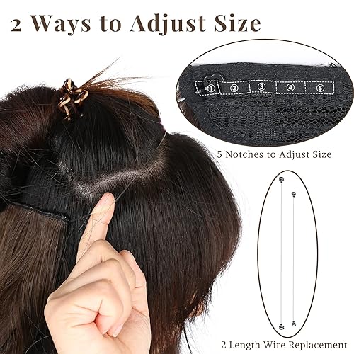 Miniatura 7 de Extensiones de cabello castaño oscuro, cabello ondulado con alambre invisible con diadema transparente de tamaño ajustable, 2 clips de seguridad,
